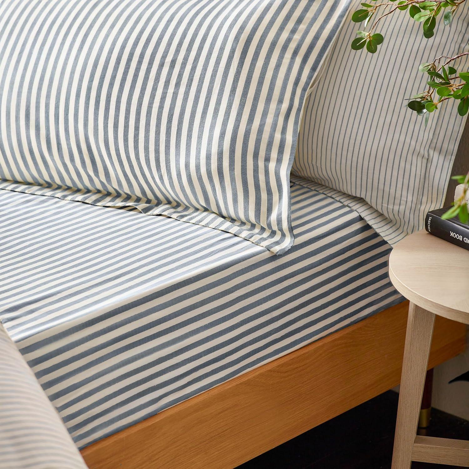 furn. Yard Hebden Spannbetttuch, gestreift, 100% Baumwolle, Blau