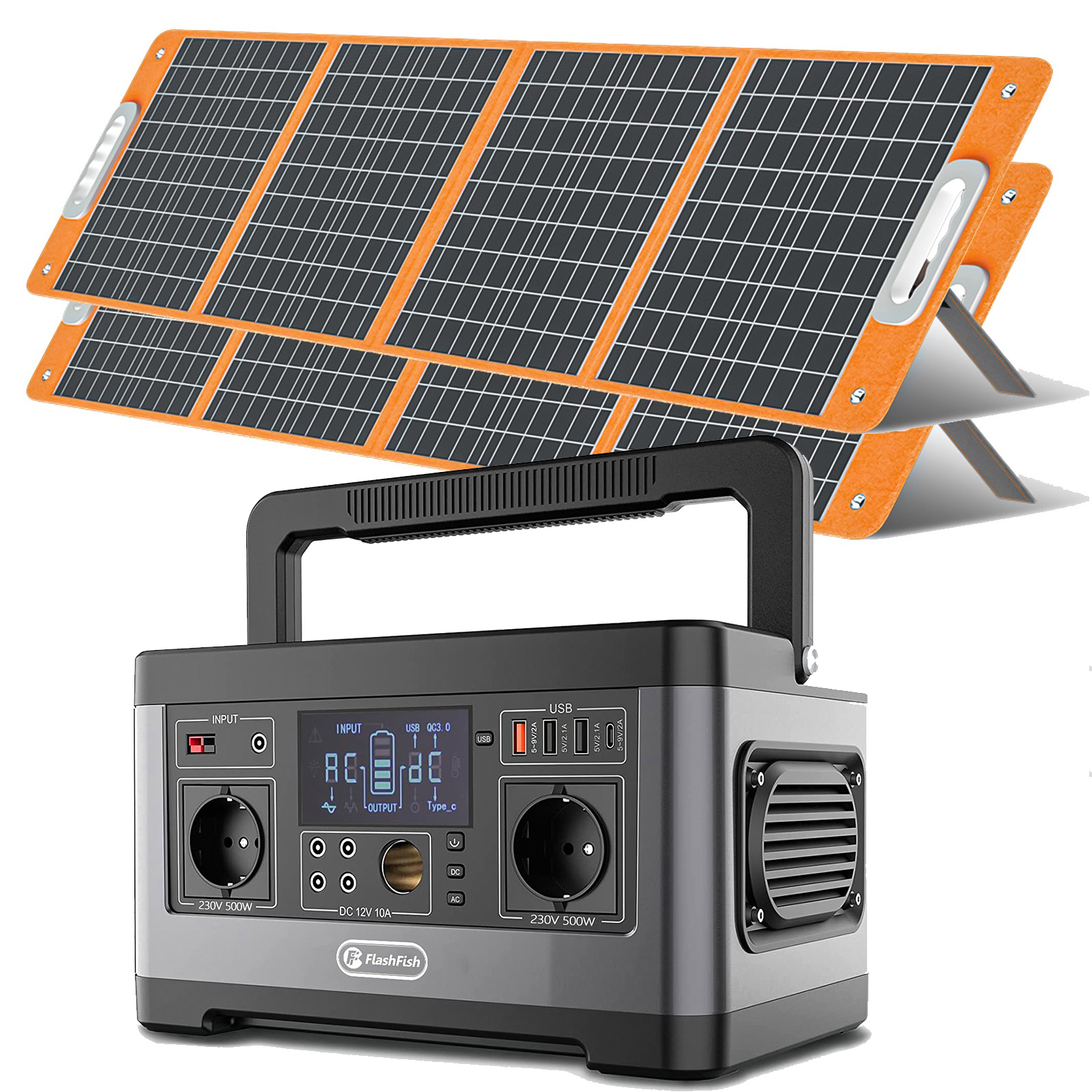 Solárny generátor Flashfish P63 + 2 × 100 W solárny panel, 520Wh lítiová batéria s 500 W (1000 W špičkový výkon), generátor energie s pripojením QC3.0/DC/AC/Type-C/USB/Auto, napájacia stanica pre kempovanie a solárne skladovanie v obytných vozidlách