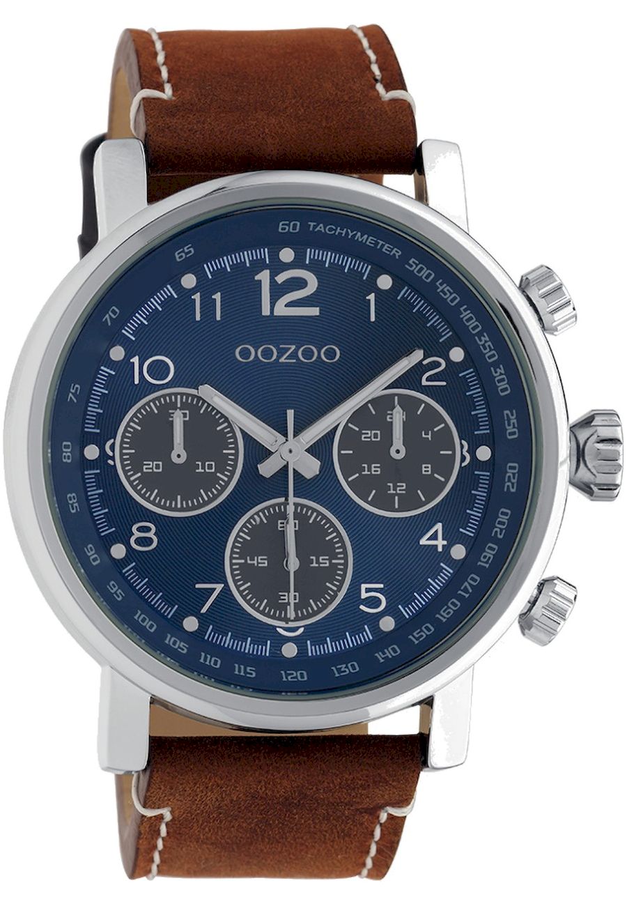 Oozoo pánske hodinky Chrono Look s koženým remienkom 48 MM strieborná farba/modrá C10671