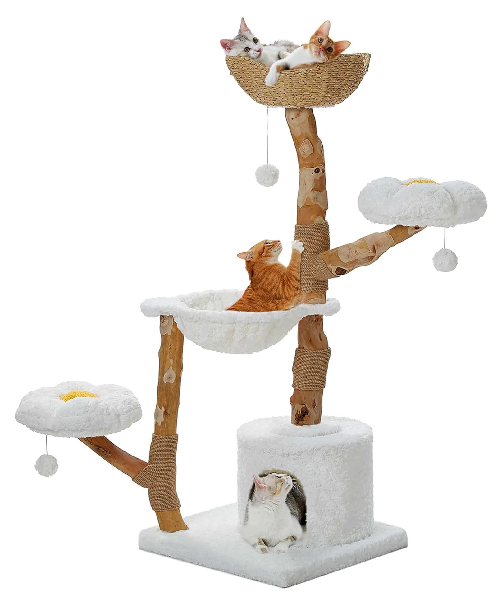 Kratzbaum für Wohnungskatzen, 150 cm hoher Katzenbaum für große Katzen, mit 3 großen Körben, aus massivem Naturholz, Katzenhaus mit Hängematte, modernes Möbel, Beige
