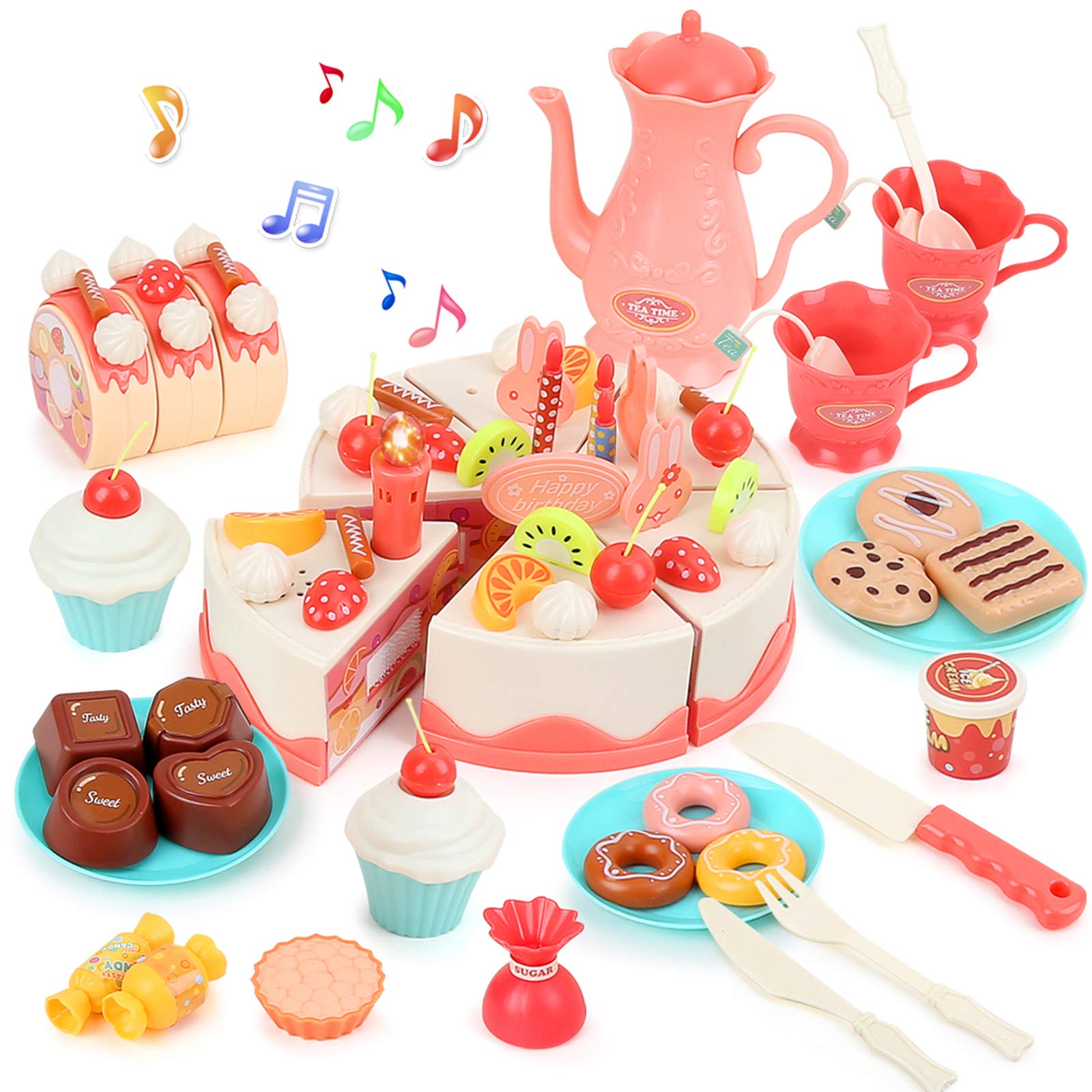 HERSITY Kinder Spielküche Zubehör Lebensmittel Spielzeug mit Kuchen Eiscreme u 