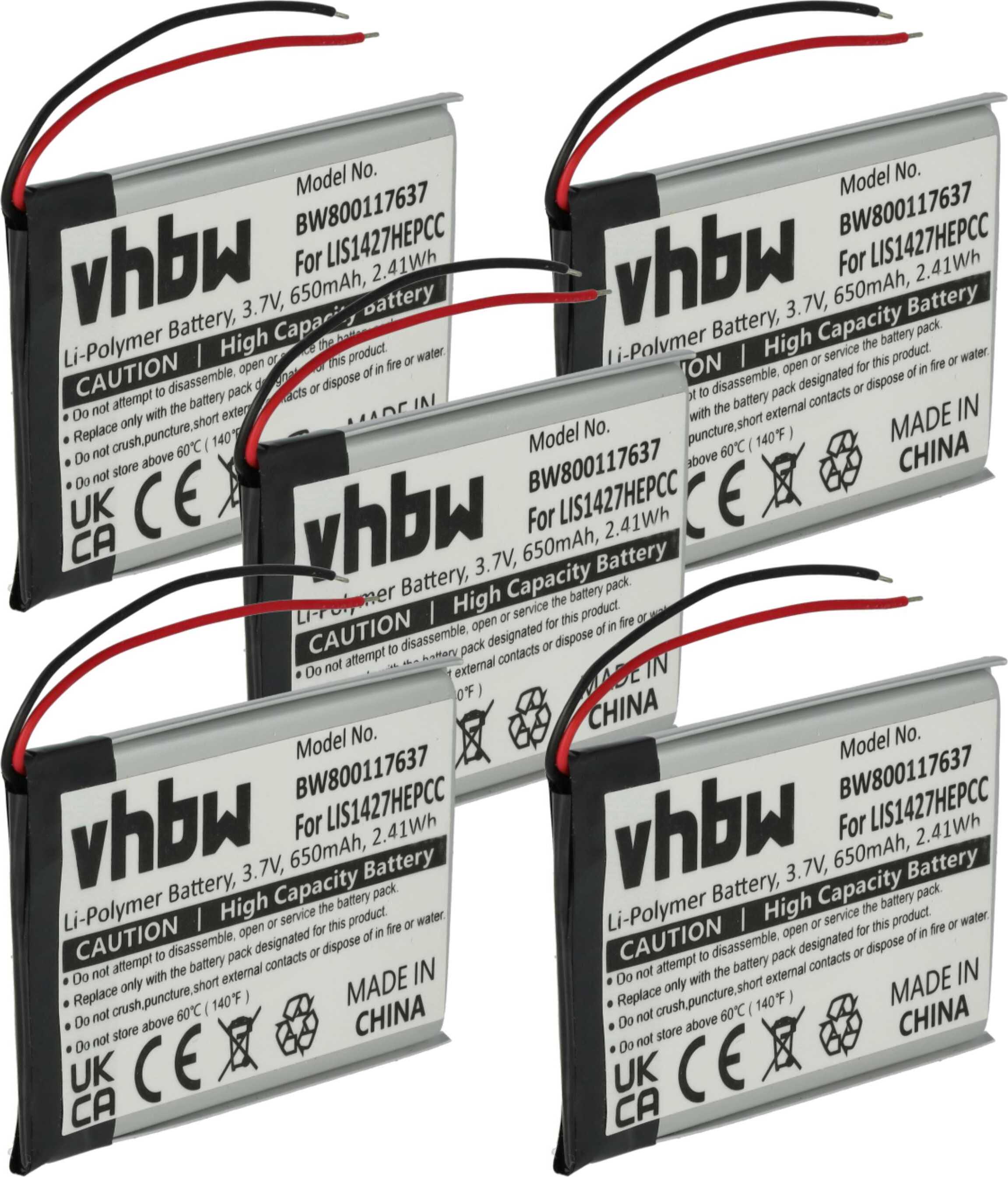vhbw 5x Akku Ersatz für Sony 1-756-920-21, 1-756-920-32, LIS1427HEPCC, 1-756-920-31 für Wireless Headset Kopfhörer (650 mAh, 3,7 V, Li-Polymer) 182386360-5