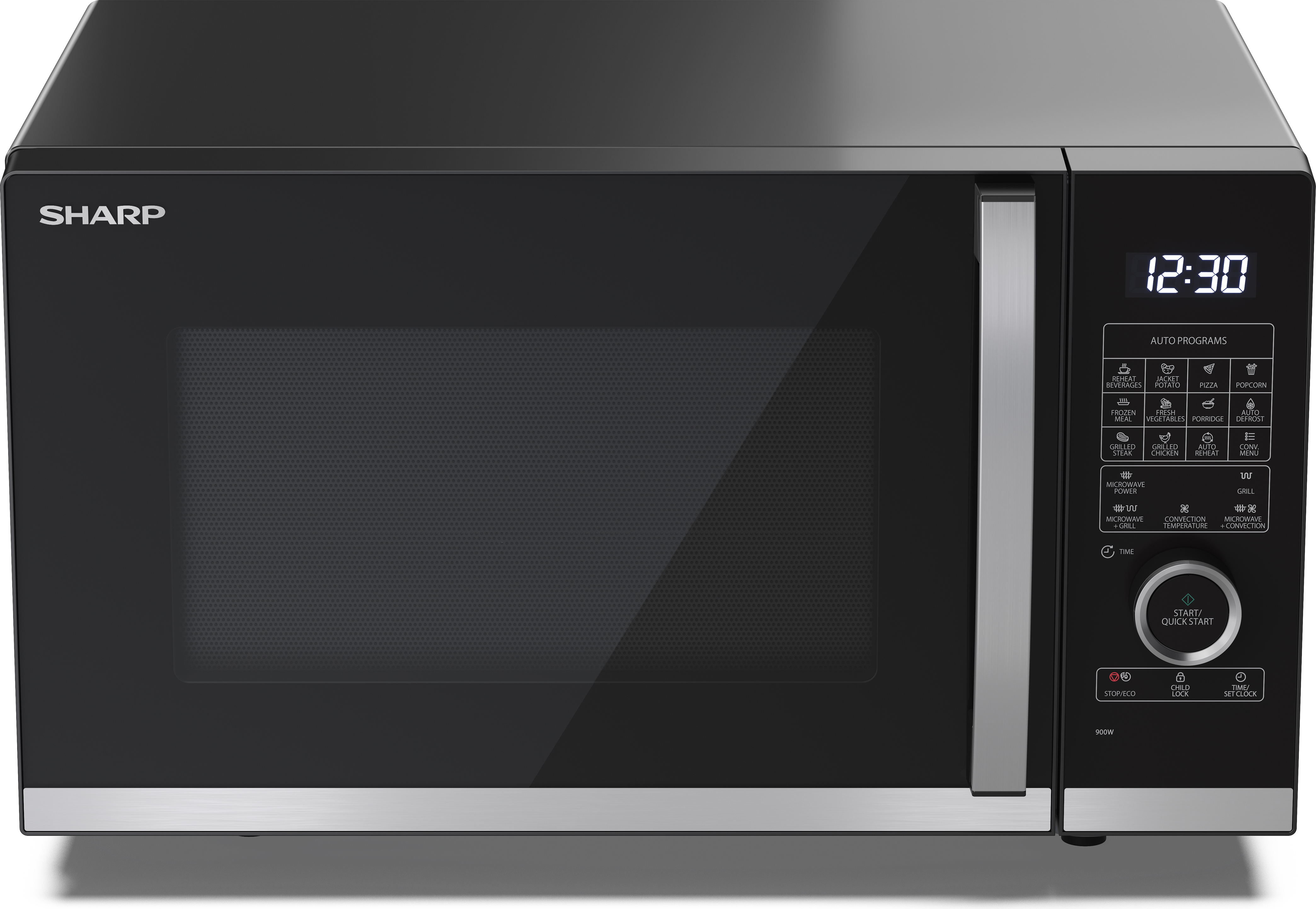 SHARP YC-QC254AE-B Mikrovlnná rúra s grilom a konvekciou (horúci vzduch) Mikrovlnná rúra: 900 W, gril: 1200 W, horúci vzduch: 2050 W, 10 úrovní výkonu, čierna