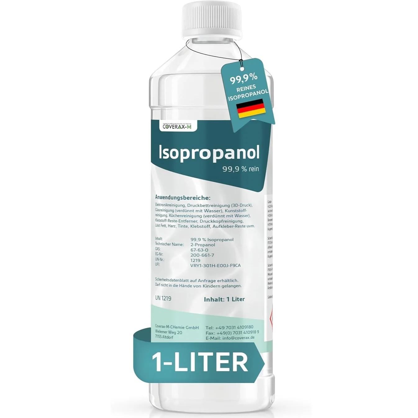 Coverax-M-Chemie Coverax Isopropanol 99,9% (1L Flasche) | Hochreiner Reinigungsalkohol & Entfetter für Haushalt, Elektronik & 3D-Druck | Mit Spritzeinsatz & KiSi