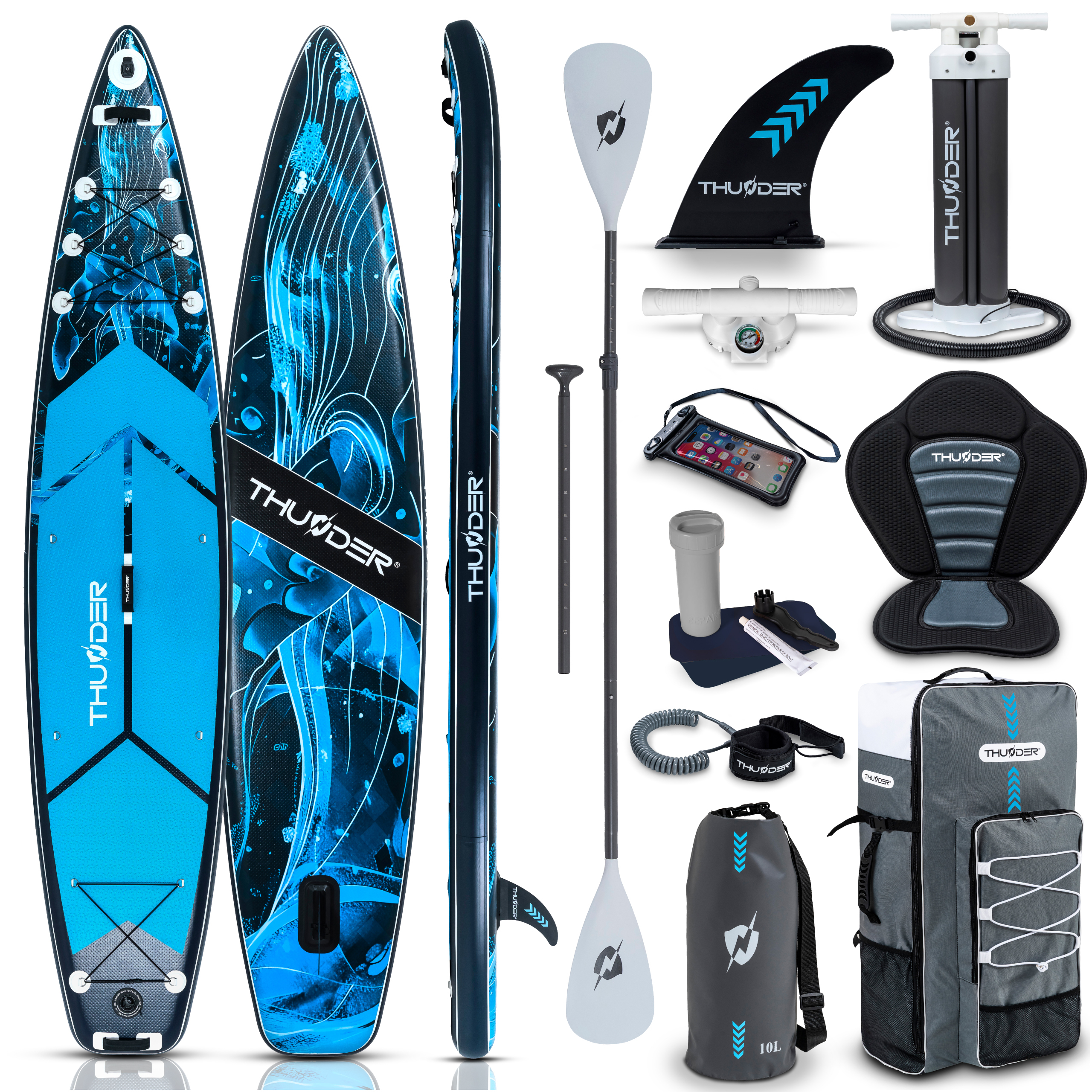 THUNDER® | BLUET 365 | SUP Board Set | 365 cm | aufblasbar | Kajakfunktion | Zubehör | Traglast 150 kg