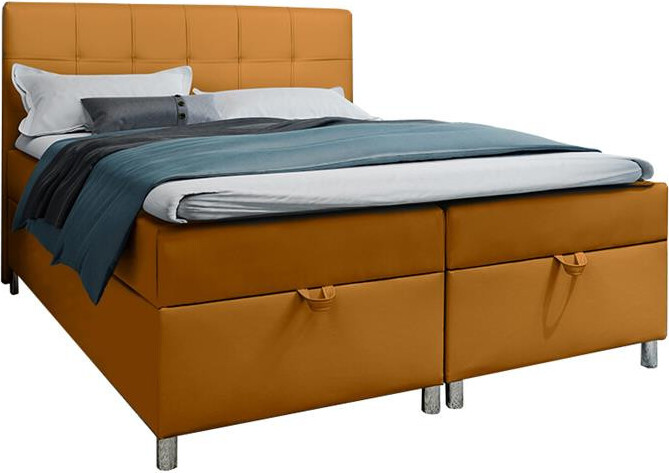 BETTSO Posteľ s pružinovým boxom a 2x podstavcom pod posteľ Čalúnená manželská posteľ s matracom a topperom Čalúnená posteľ do spálne Malabo 120x200cm medovo žltá