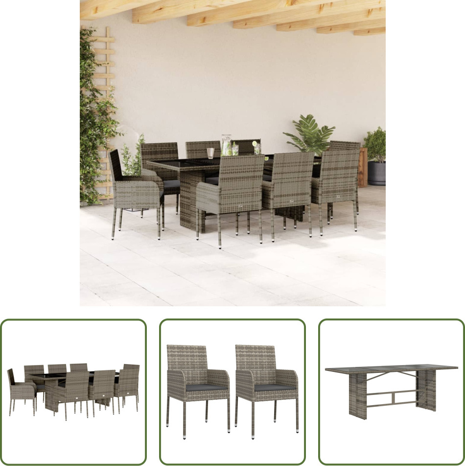 The Living Store 9-dielny záhradný jedálenský set s vankúšmi sivý polyratan