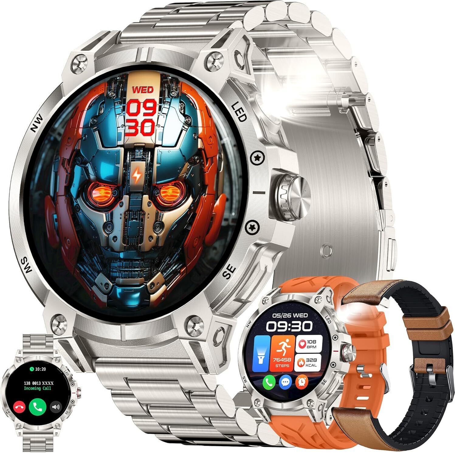 Pre mužov s funkciou telefónu, batéria 760 mAh, AMOLED 5ATM vodotesná fitness baterka krokomer, srdcový tep, SpO2 sledovač športovej aktivity