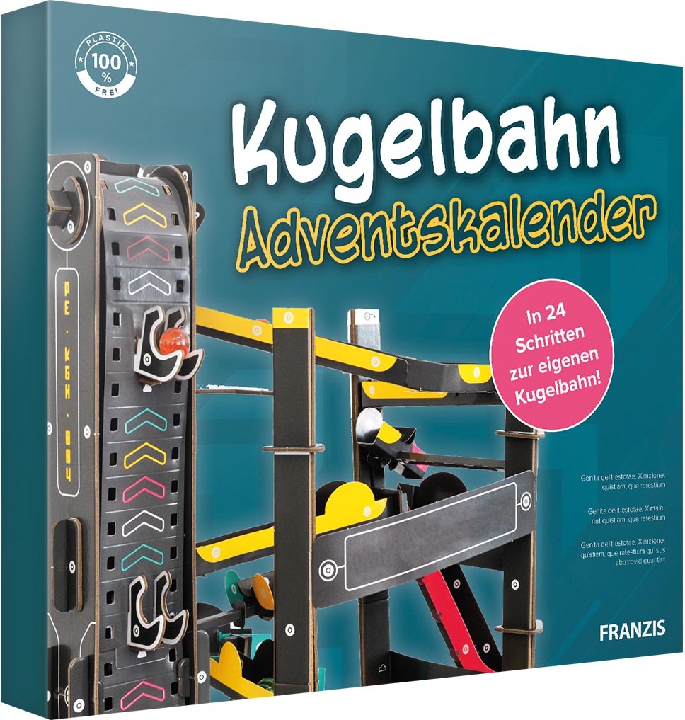 FRANZIS 67300 - Adventný kalendár s guľôčkovou dráhou, 24 dní na vlastnú guľôčkovú dráhu, kartónová súprava, vrátane 9 guľôčok, pre deti od 8 rokov