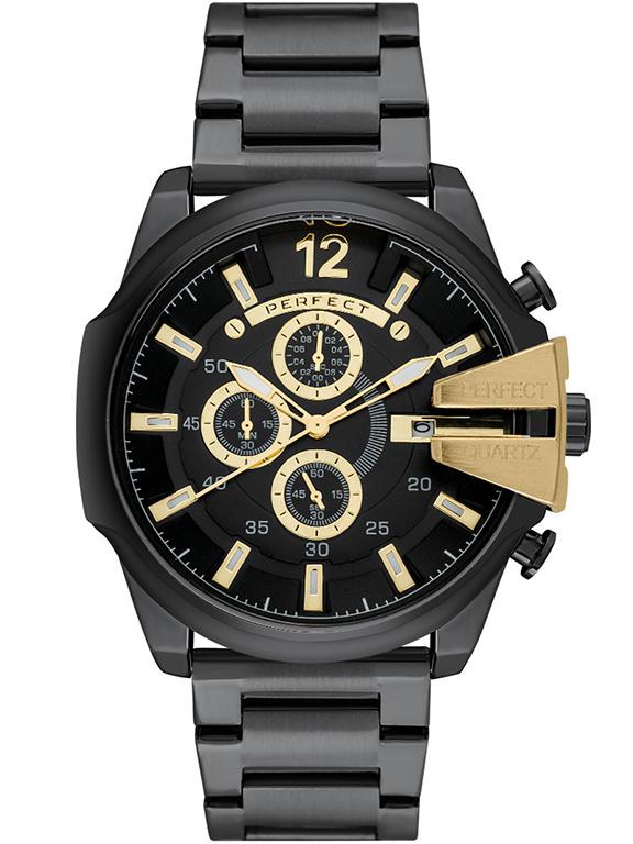PERFECT pánske náramkové hodinky M513CH-07 Chronograph Black Gold - Quartz hodinky s dátumovkou, náramok z nehrdzavejúcej ocele, minerálne sklo, 53 mm, darčeková krabička v balení