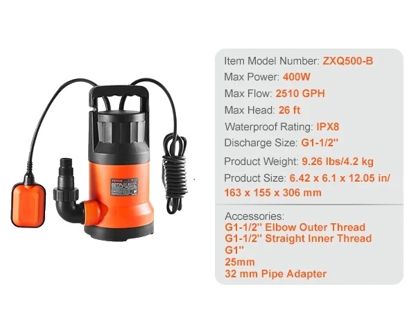 Ponorné vodné čerpadlo, maximálny prietok 2510 GPH, výška 26 stôp, 400 W, 400 W 2510 galónov za hodinu