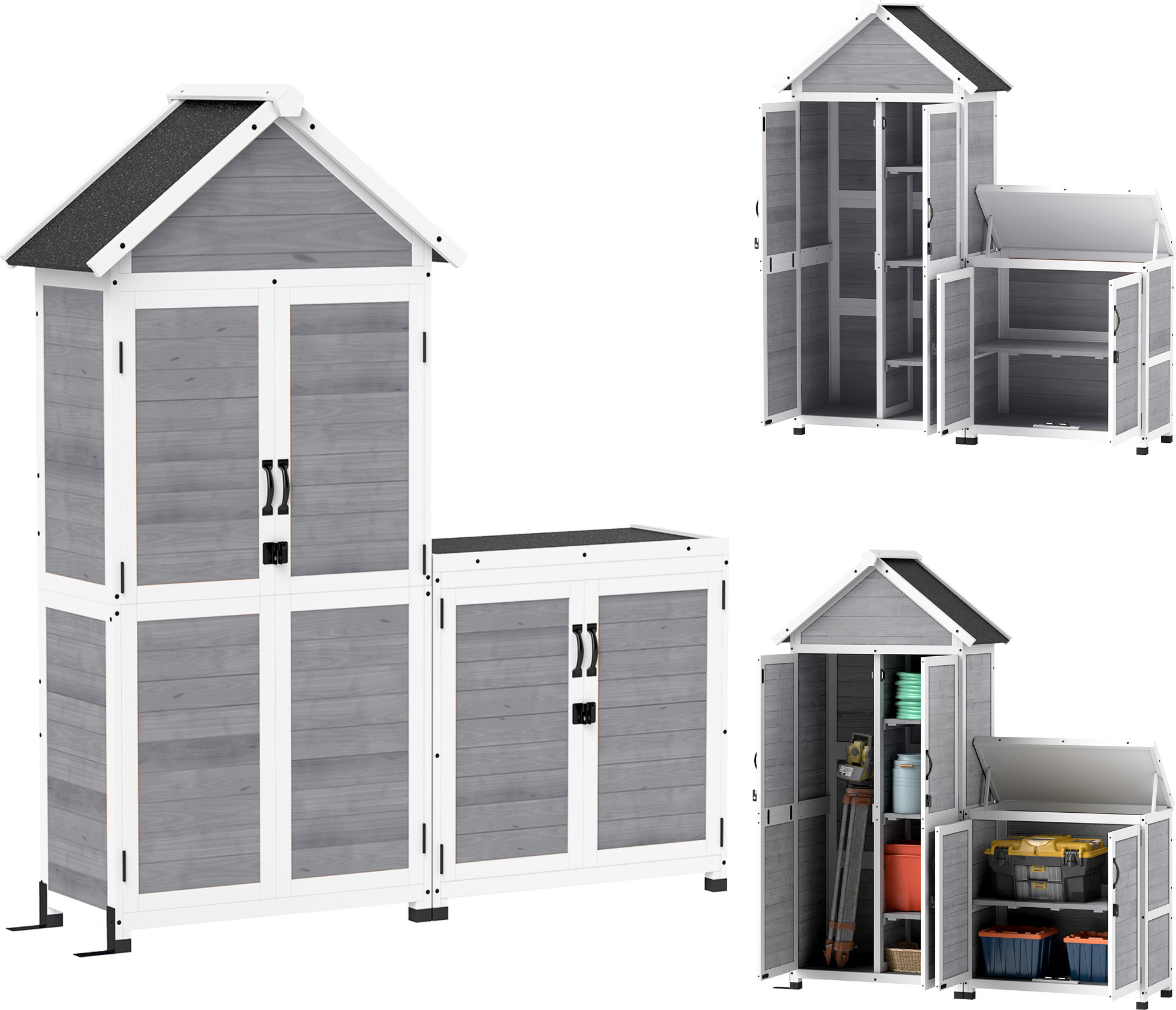 Outsunny 2 v 1 drevený záhradný domček, prístrešok na náradie s úložnou skriňou