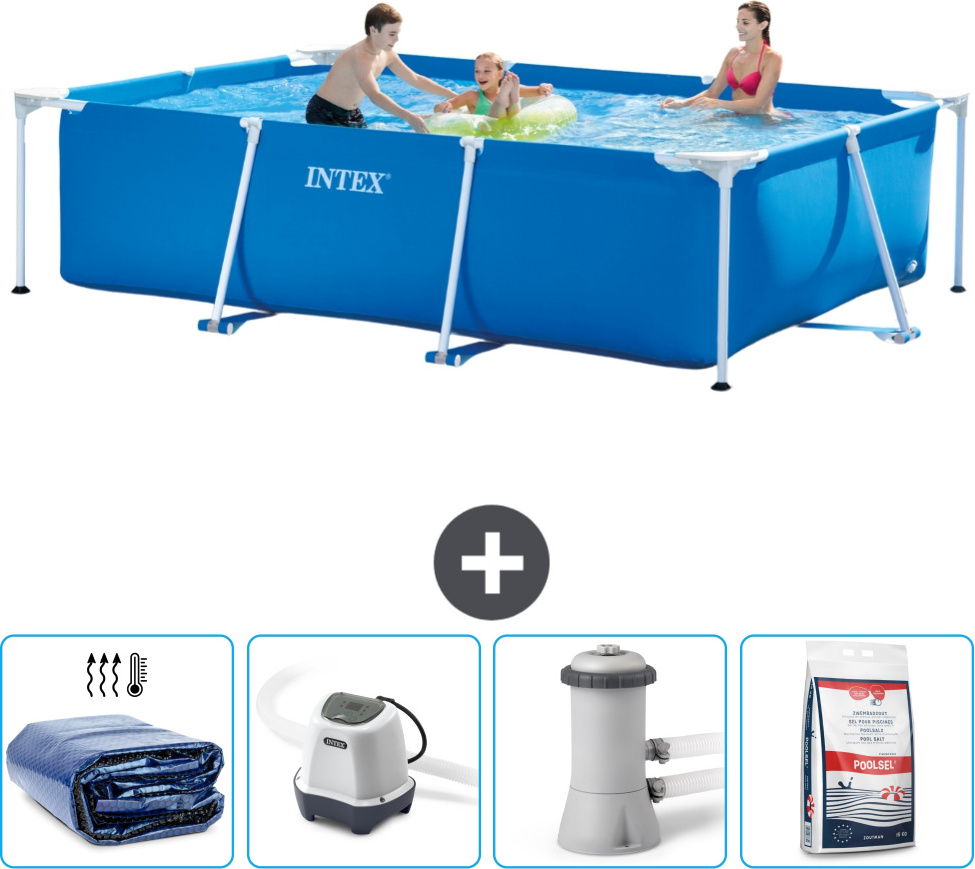 Bazén Intex s obdĺžnikovým rámom - 300 x 200 x 75 cm - modrý - vrátane markízy - systém so slanou vodou - filtračné čerpadlo pre bazén - bazénová soľ