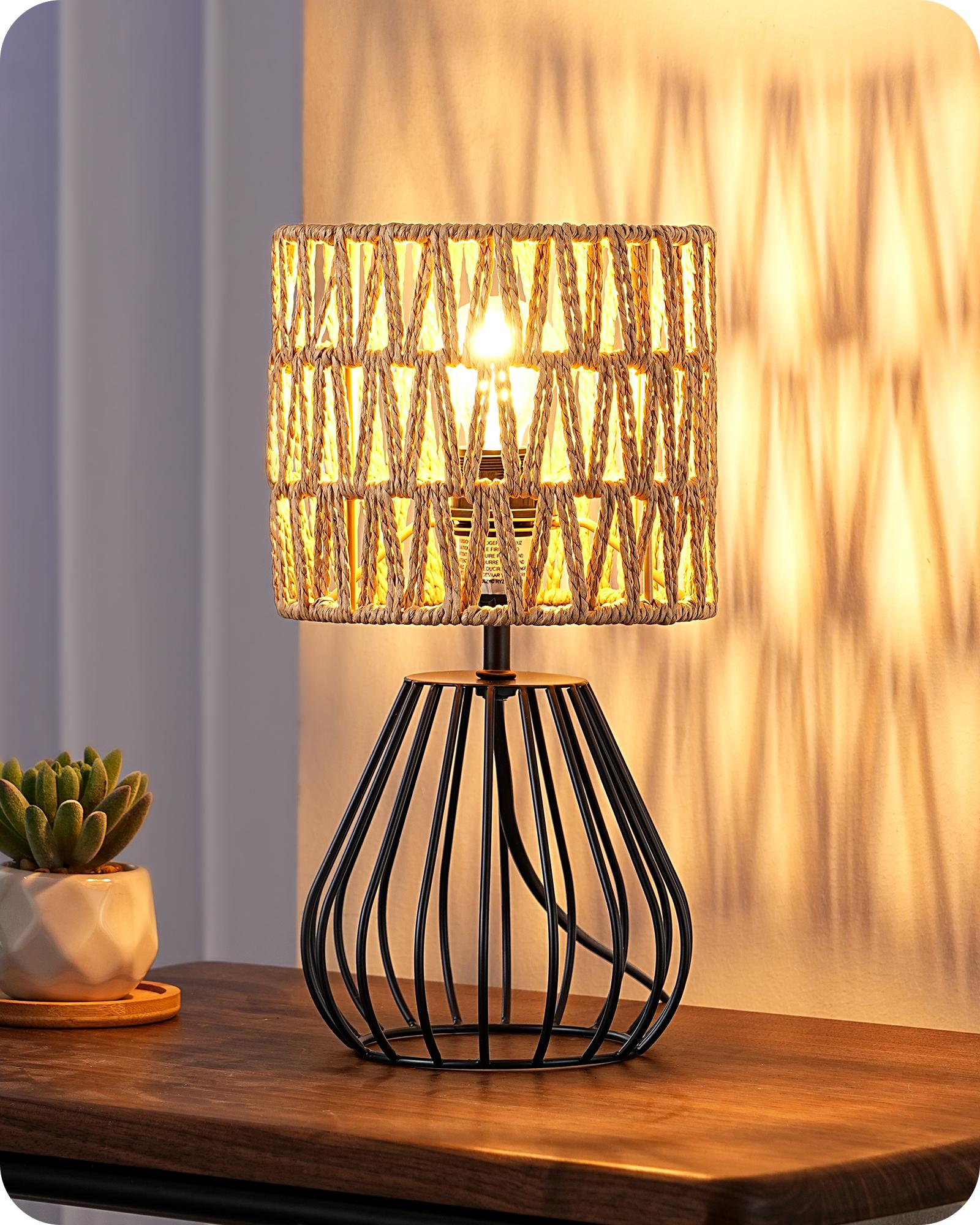 EDISHINE Boho Nachttischlampe mit Papierseil-Schirm, Vintage Tischlampe E14, 29 cm DHLTL10F