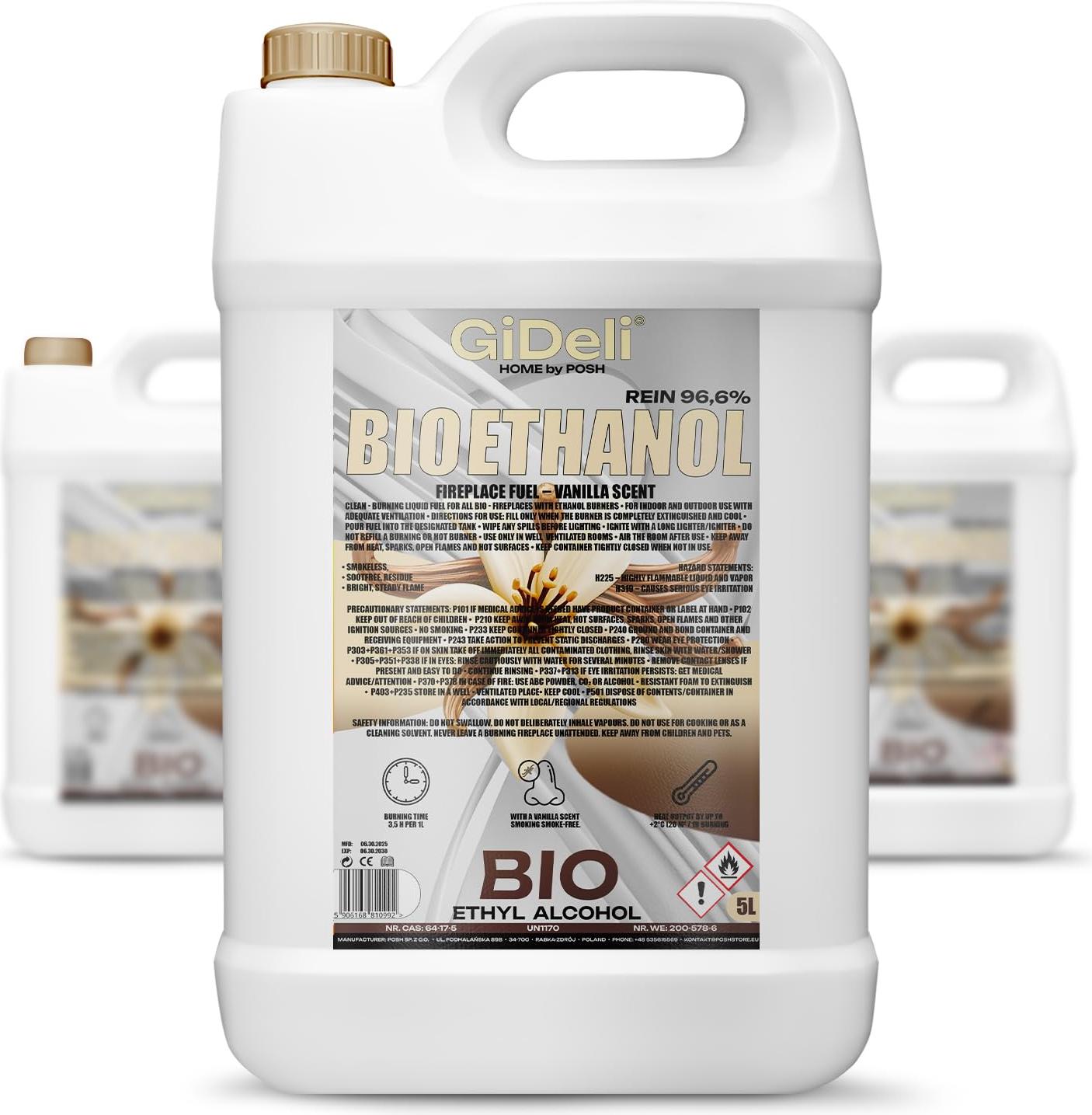 Posh Bioethanol Vanilleduft 96,6% 15L für Kamin Universal Rauchfrei Rußfrei GiDeli GiDeli Bioethanol 96,6%