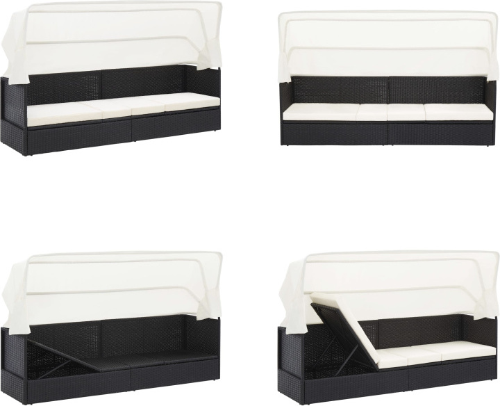 vidaXL Záhradná pohovka so slnečnou strieškou z čierneho polyratanu - Záhradná pohovka - Záhradné pohovky - Lehátka - Lehátka