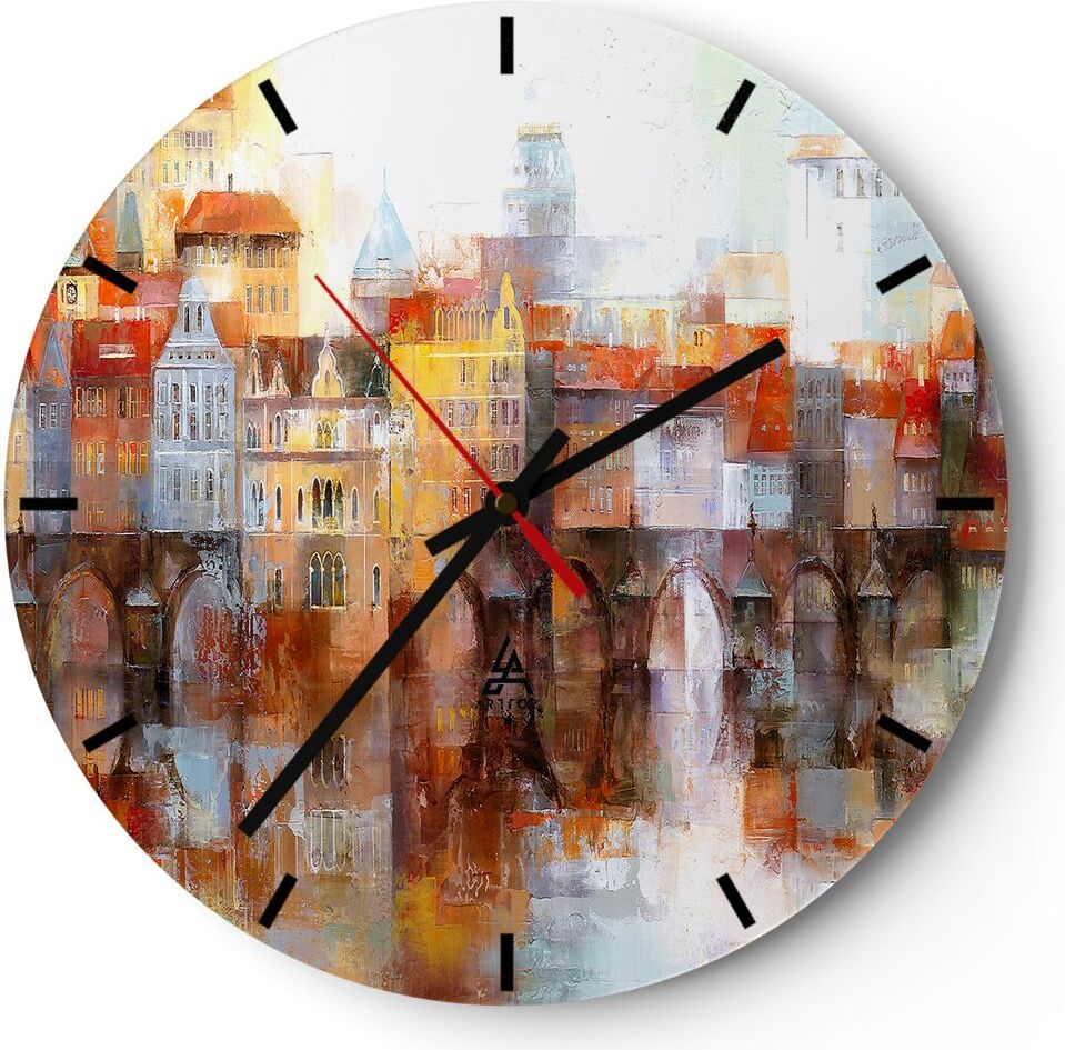 Arttor Wanduhr - Rund - Glasuhr - Stadt Mietshaus - 30x30cm - Schleichendes Uhrwerk - Lautlos - zum Aufhängen bereit - Dekoration Modern - Wanddekoration aus Glas - C3AR30x30-3476