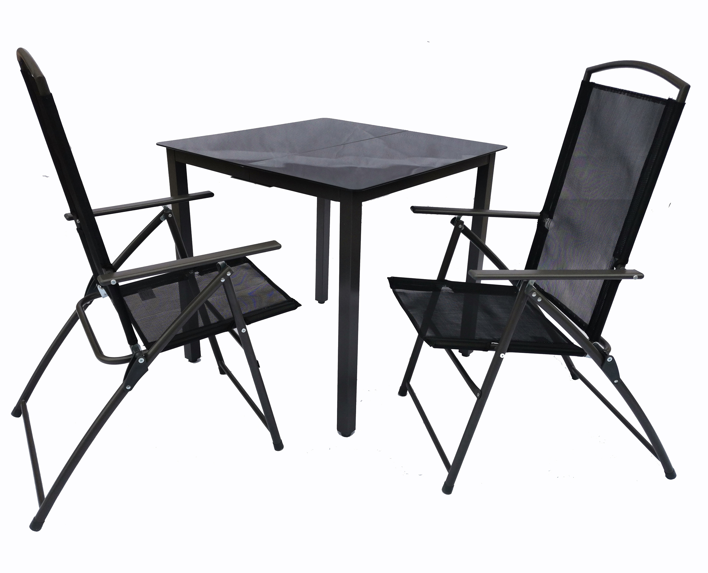 Cille záhradný set 80x80cm stôl, 2 stoličky čierne sklo.