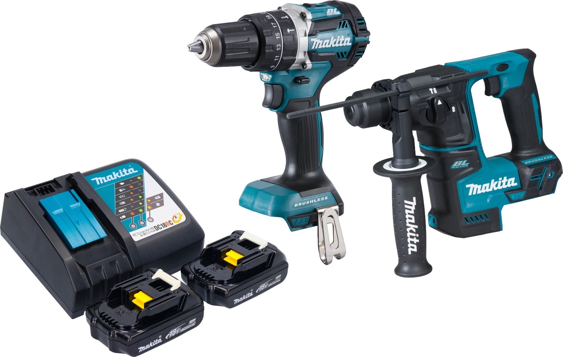 Akumulátorová kombinovaná súprava Makita DLX 2278 RY + príklepová vŕtačka DHP 484 54 Nm + vŕtacie kladivo DHR 171 1,2 J + 2x akumulátor 1,5 Ah + nabíjačka
