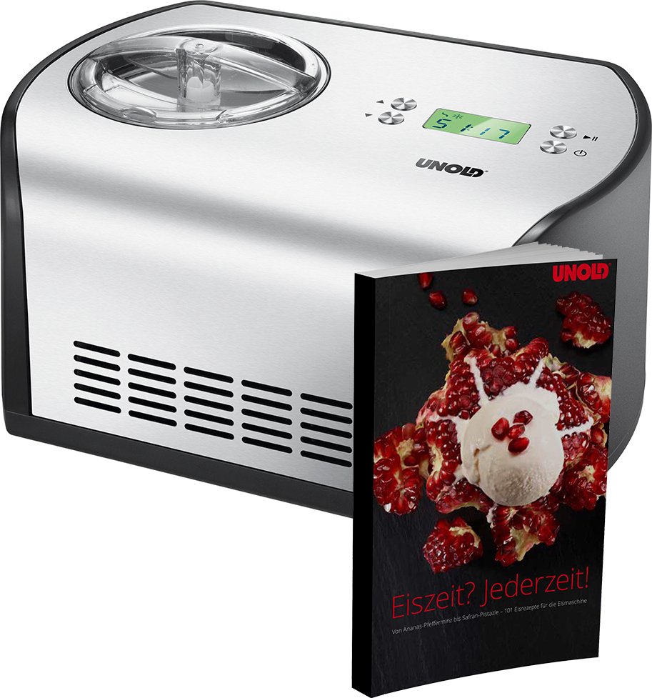 Unold 48965 Eismaschine One inkl. Eisbuch mit 101 Rezepten | Speiseeisbereiter 1,2 L, LCD-Display Gefrierbereich bis ca. -30 °C, 135 Watt.