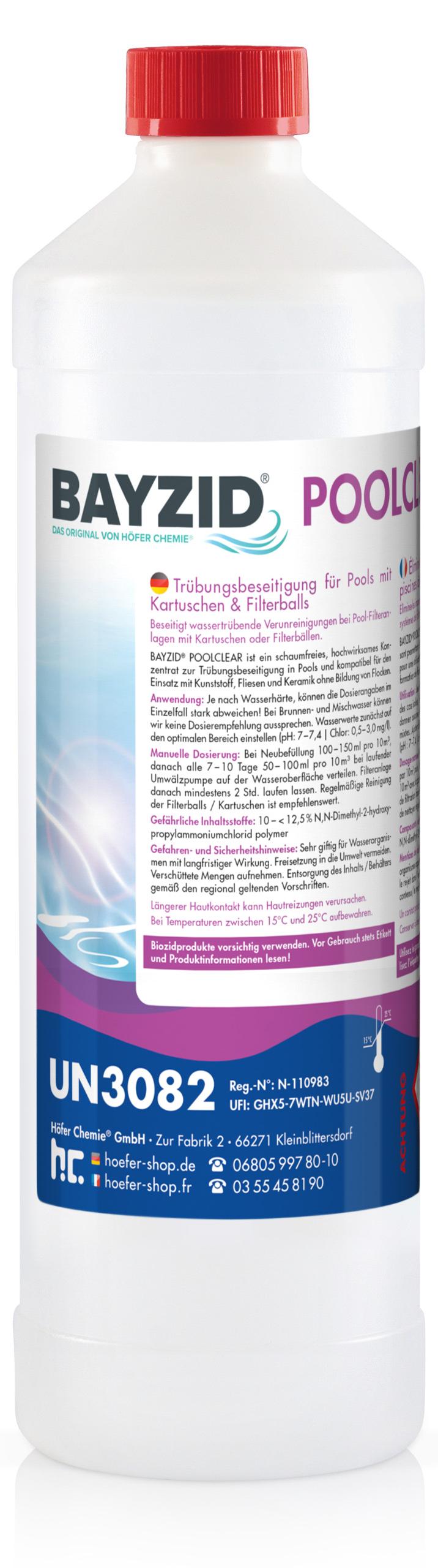 Höfer Chemie 1x1 L BAYZID® Poolclear Trübungsbeseitigung für Pool-Filter mit Kartuschen & Filterballs BAYZID POOLCLEAR