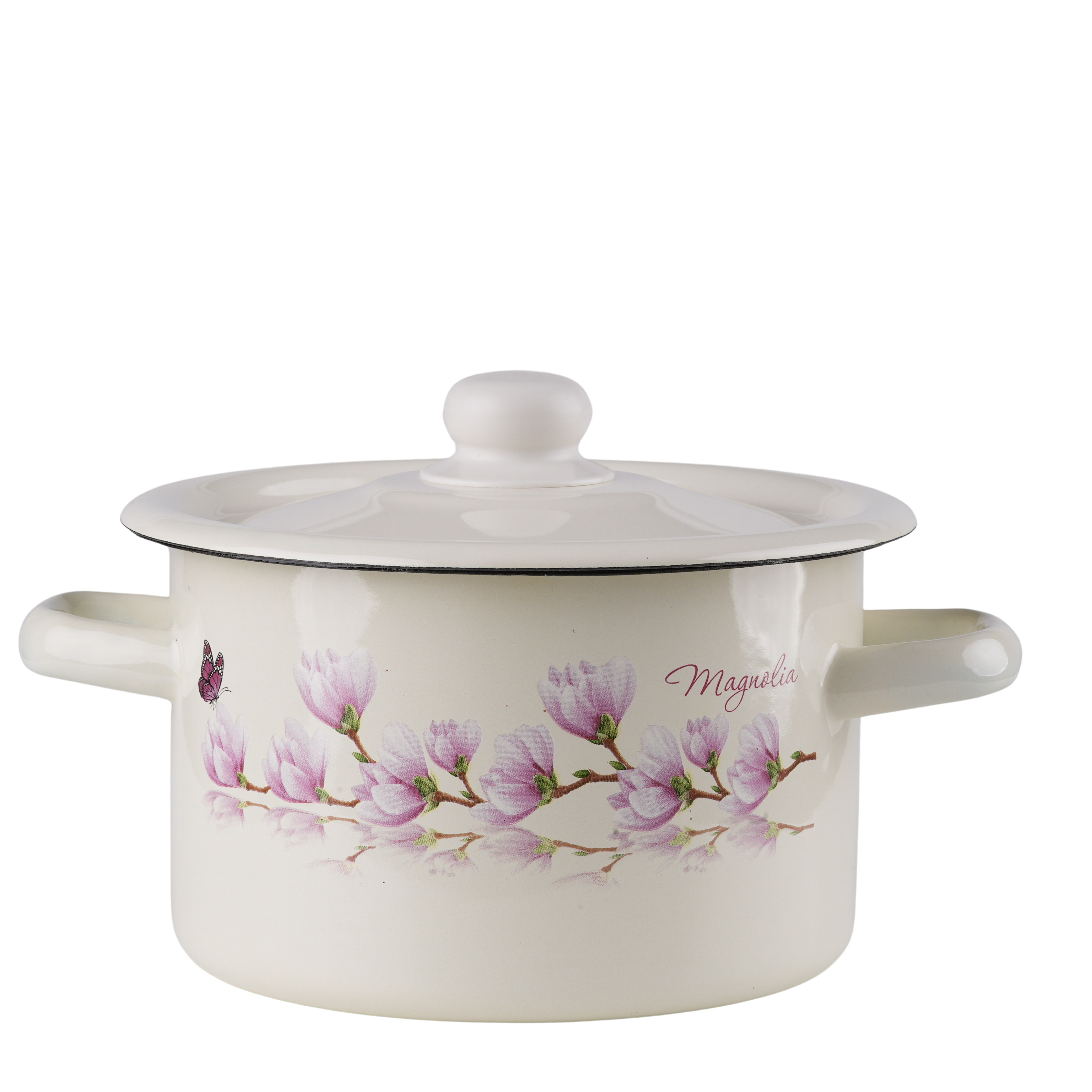 EMALIA RYBNIK Emaille Topf 3L Kochtopf Universaltopf Suppentopf Induktion 18cm mit Deckel Magnolie