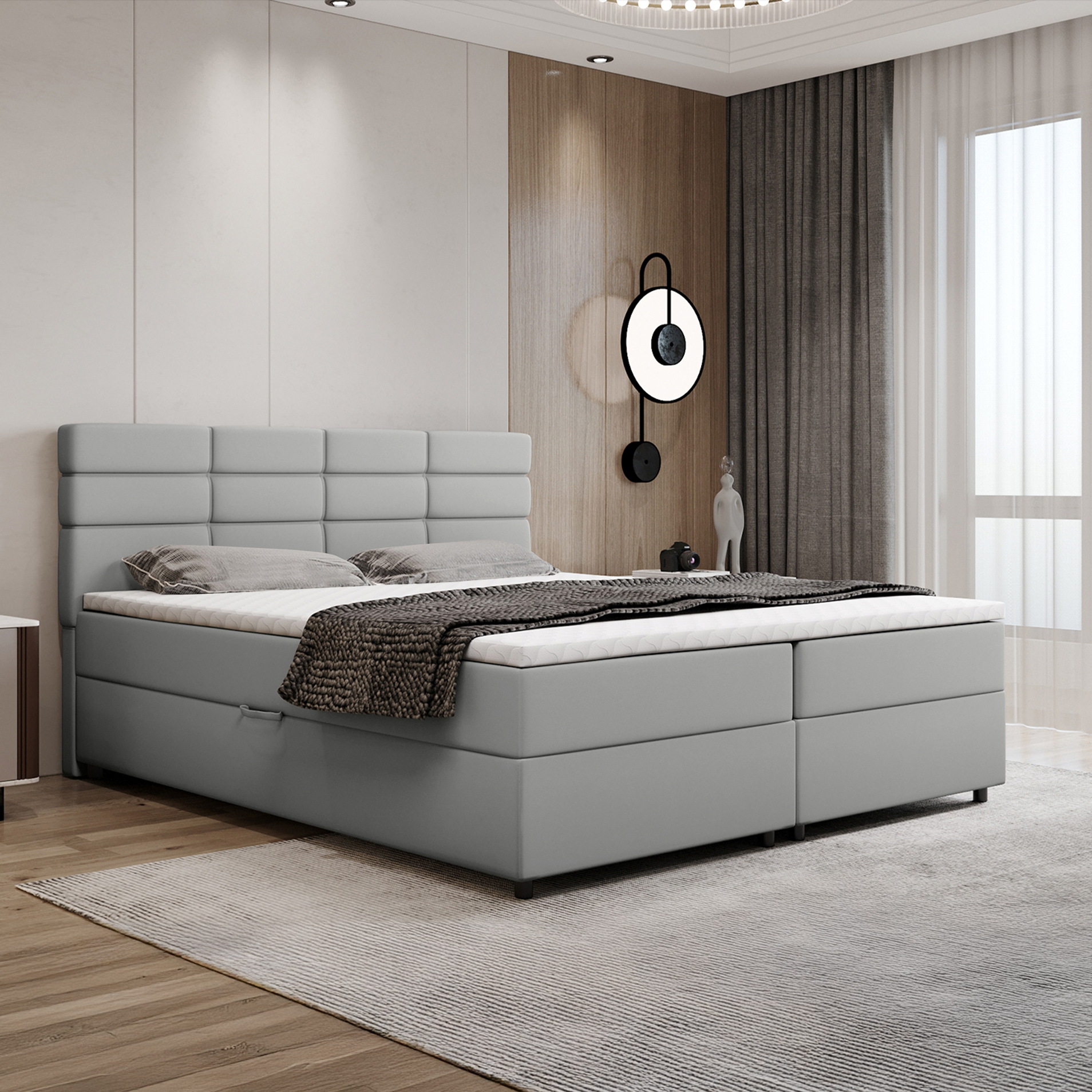 Boxspringbett 180x200, mit Bettkasten, Hellgrau, Matratze und Topper, Doppelbett, REVE, Panda Möbel