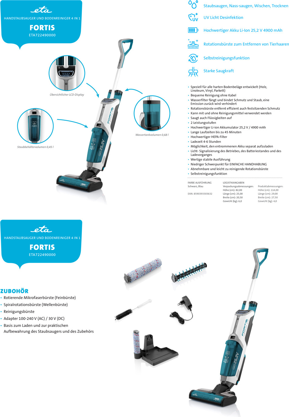 ETA Eta Fortis tyčový vysávač Battery Dry&wet HEPA bezvreckový 0,45 l modrá, zelená, biela