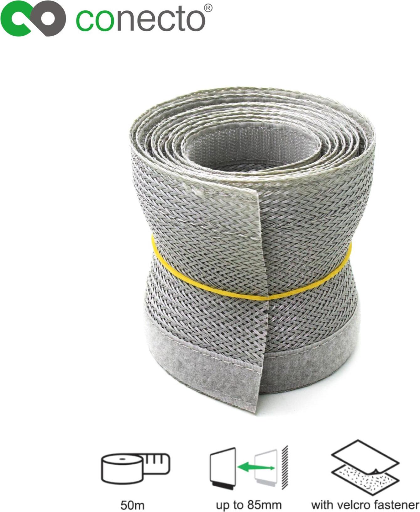 Satchef GmbH conecto CC50319 Universeller Polyester-Kabelschlauch, selbst zusammenziehend mit Klettverschluss, Ø 85mm, Rolle 50m, grau SA-CC50319