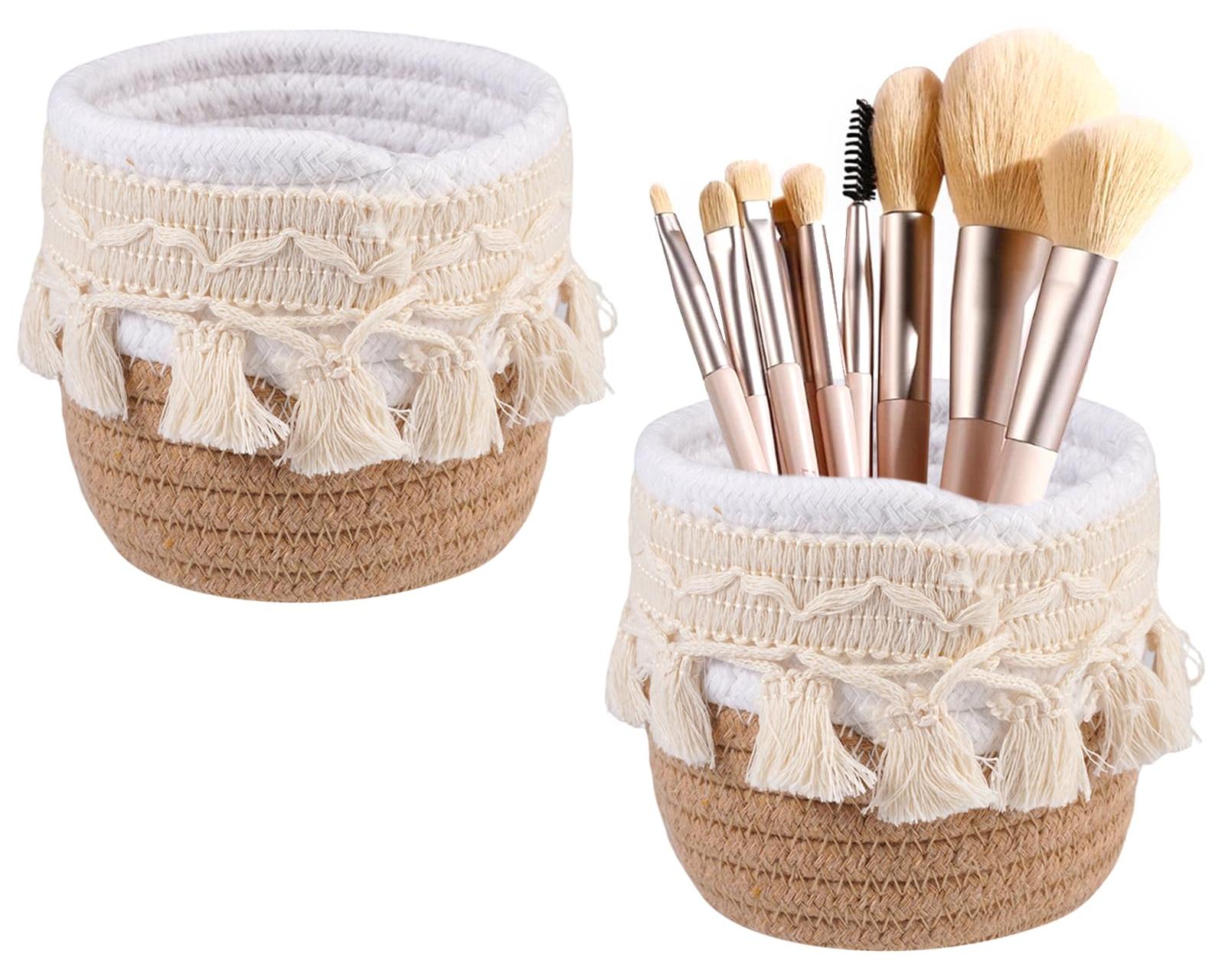 Markenlos 2 Boho-Pinselhalter, 10 x 10 cm geflochtene Körbe, kleine Boho-Make-up-Pinselhalter, Makramee-Make-up-Pinselhalter, Makramee-Pinselhalter, für Make-up-Pinsel, Stifte, Etuis, Tabletts