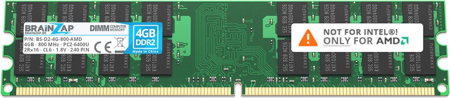 BRAINZAP 4GB DDR2 RAM DIMM PC2-6400U 2Rx16 800 MHz 1.8V CL6 AMD PC Arbeitsspeicher BS-D2-4G-800-AMD