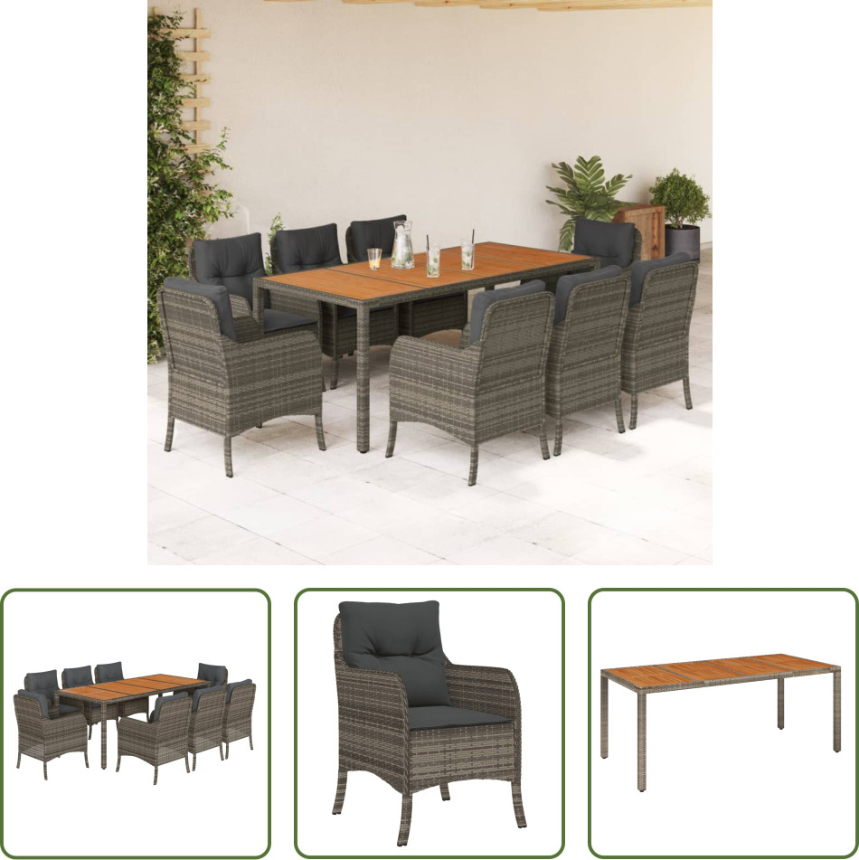 The Living Store 9-dielny záhradný jedálenský set s vankúšmi sivý polyratan