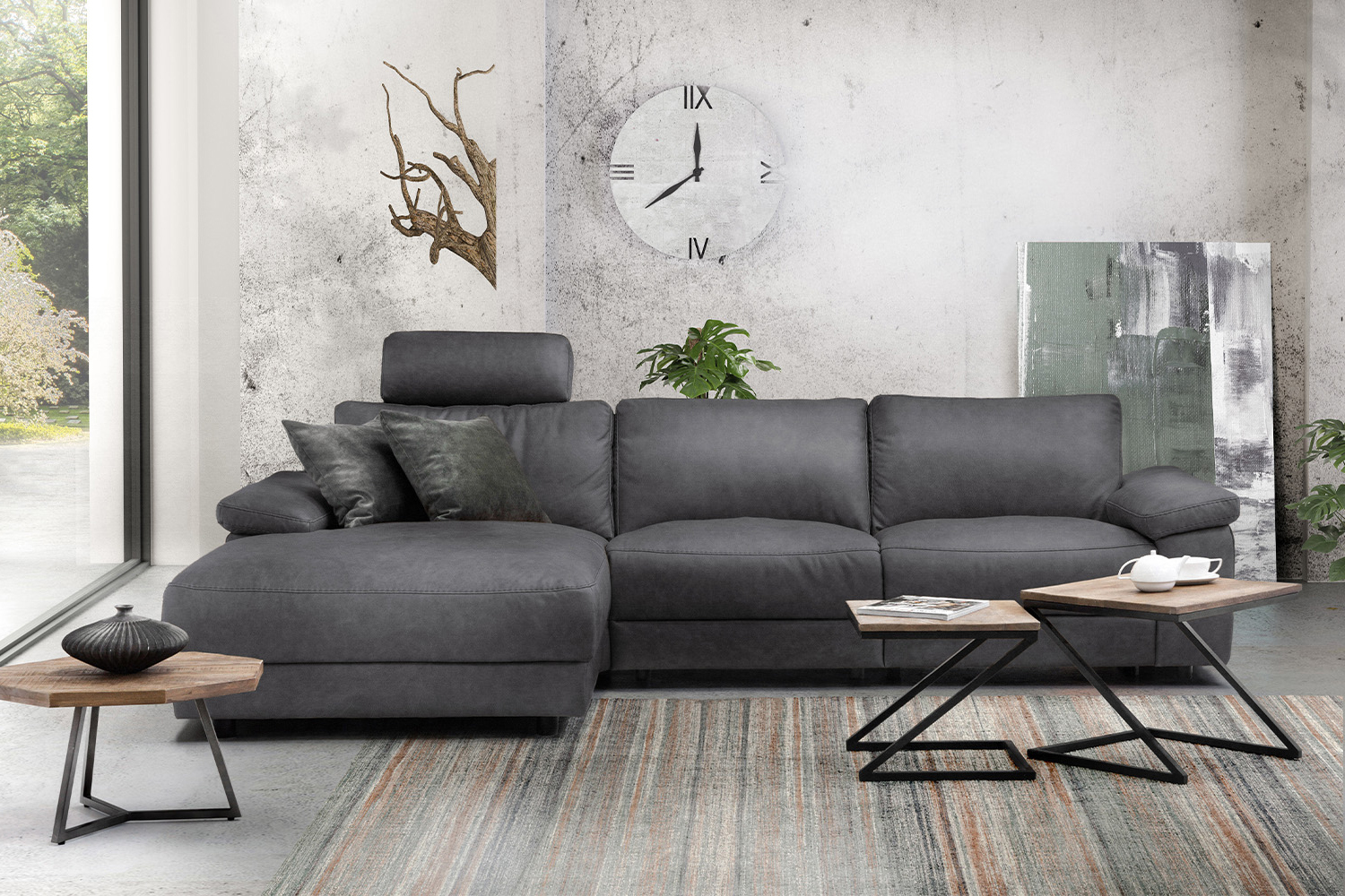 KAWOLA Sofa LOLA Ecksofa XL Stoff grau mit motorischer Relaxfunktion Recamiere links
