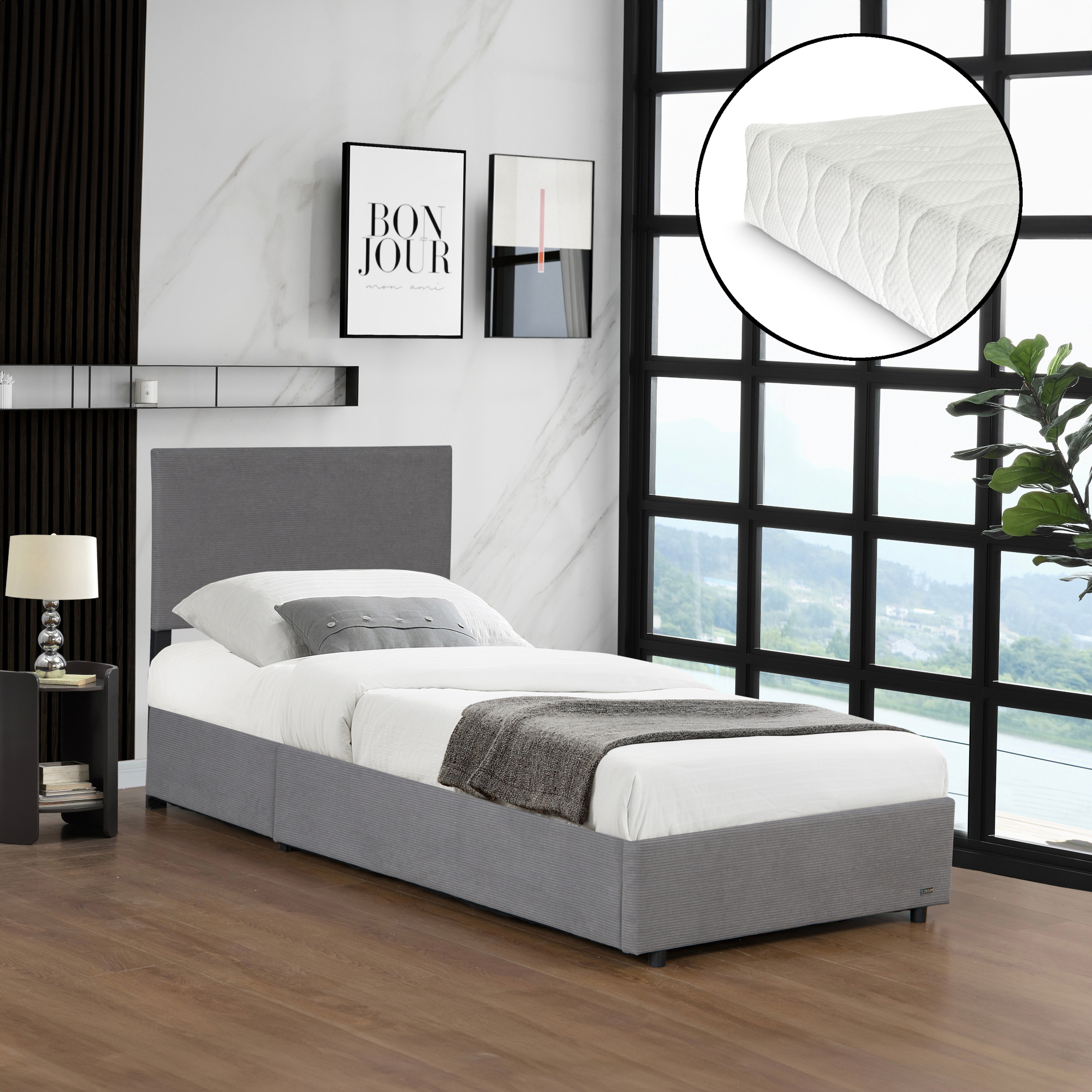 Lit Double 180x200 Cm Avec Matelas Mousse à Froid - Tête De Lit Rembourrée Similicuir Gris - Sommier à Lattes Inclus - 2