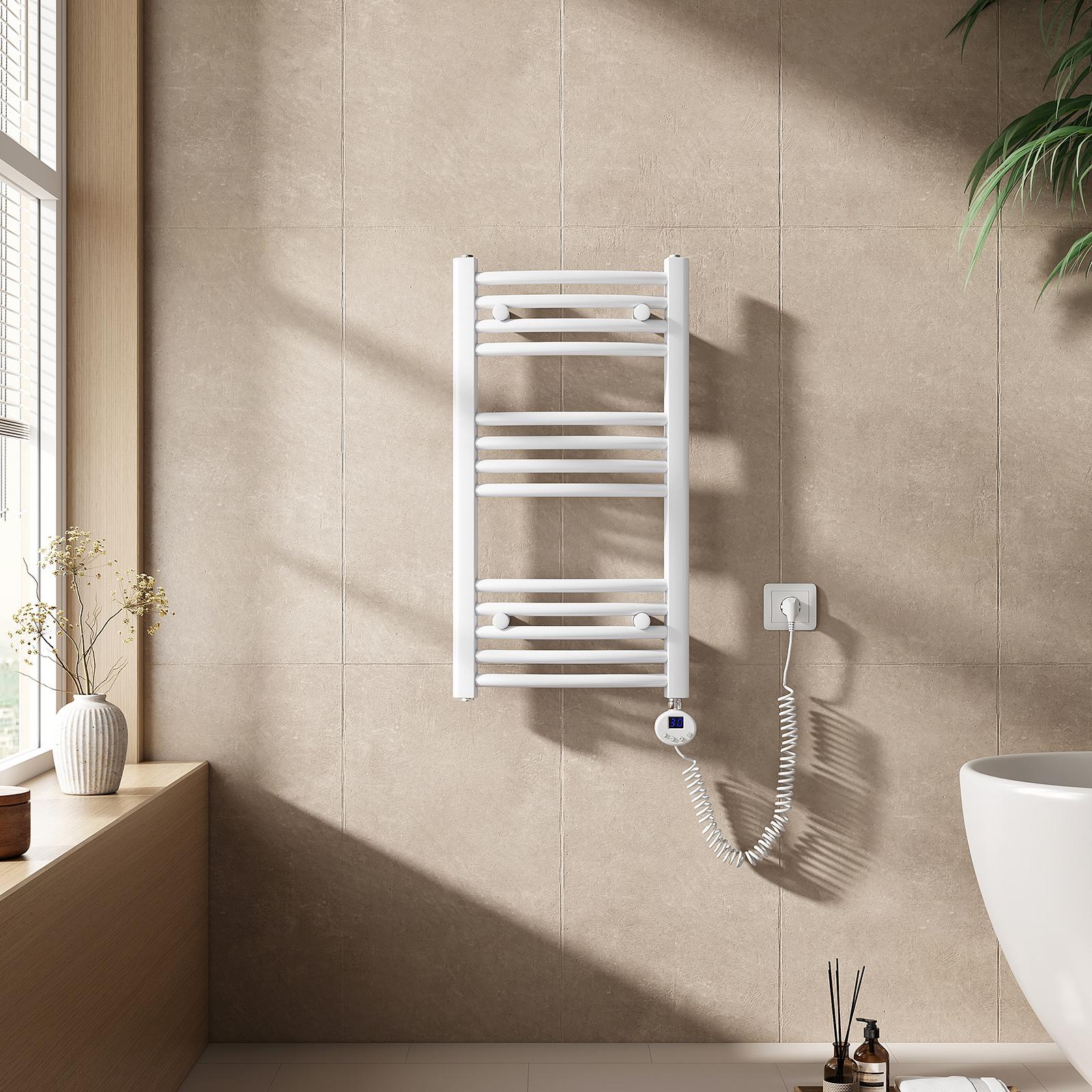 EMKE Elektrický kúpeľňový radiátor Uterákový radiátor zakrivený 300/500/600W Wifi ovládanie Inteligentný termostat 75X40cm Biely ohrievač uterákov