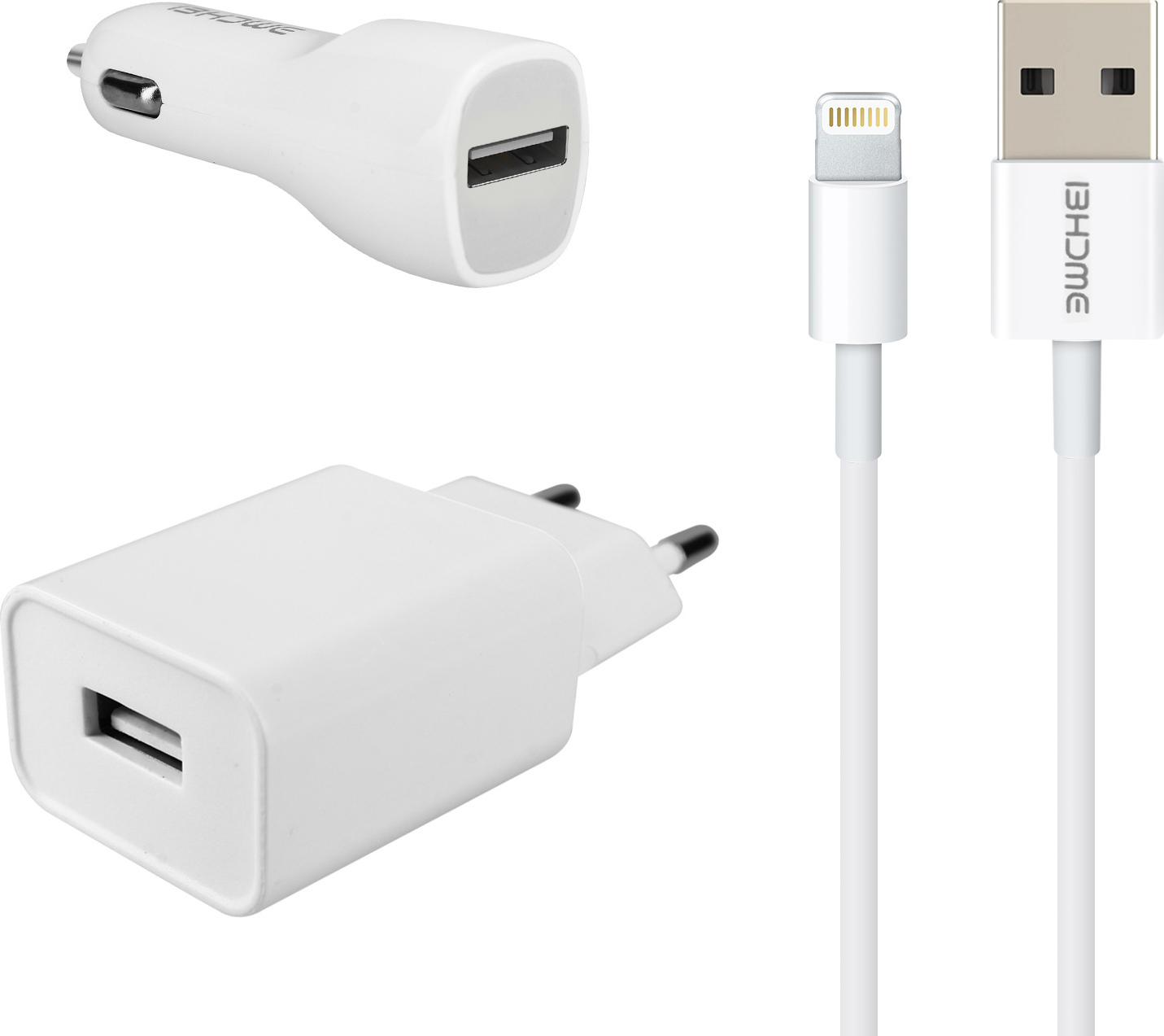 Nabíjacia súprava nástenná nabíjačka 2,1 A + nabíjačka do auta + kábel iPhone/iPad 1 m - biela