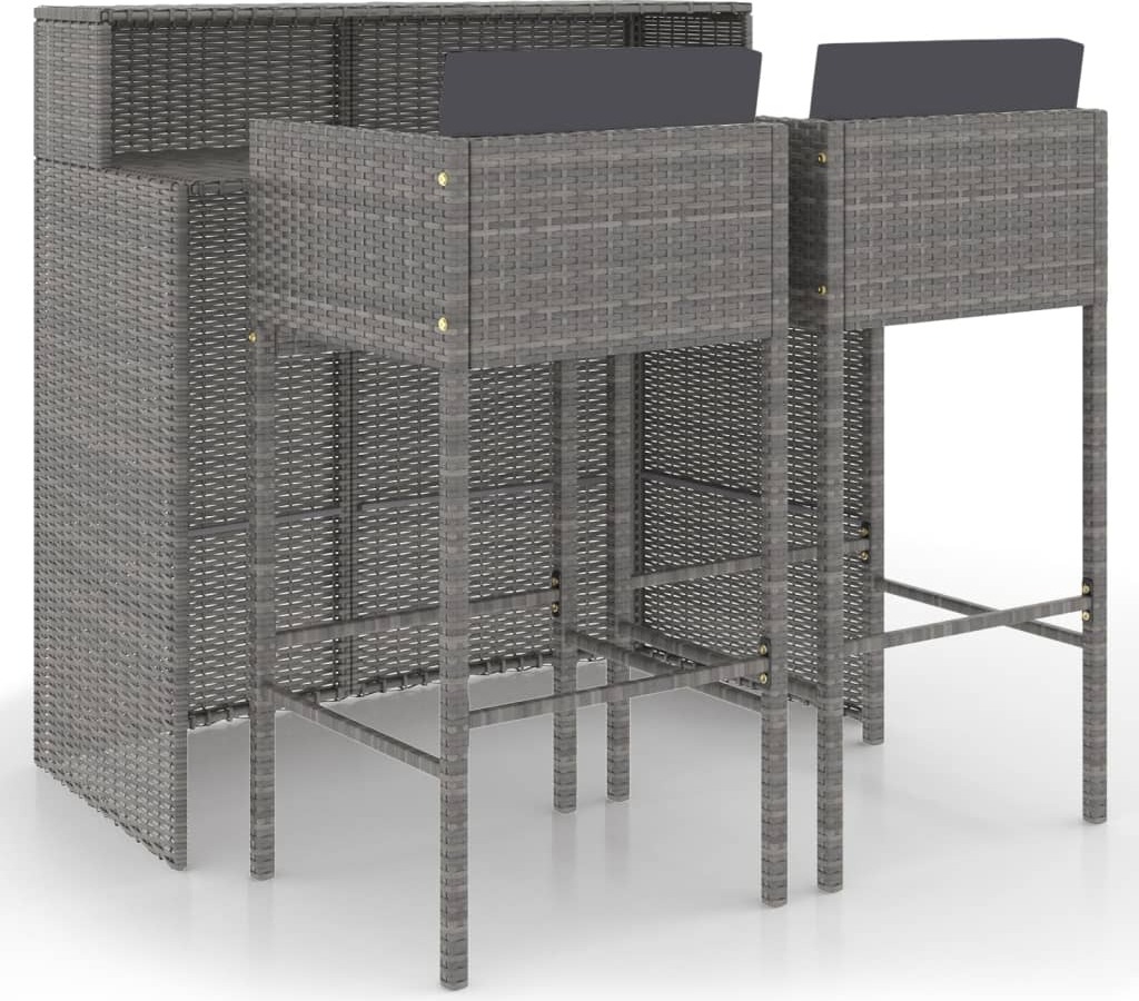 vidaXL 3-dielny záhradný barový set s vankúšmi Poly ratan sivý