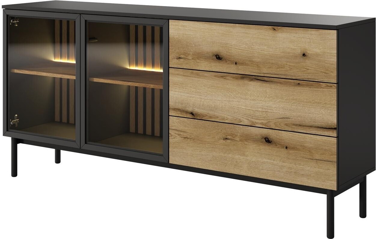 BETTSO Breite Kommode mit LED-Beleuchtung Glas LANGO 180cm Schwarz + Eiche Evoke