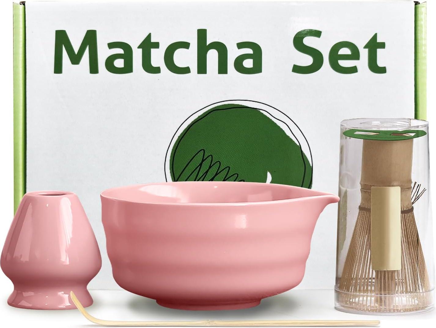 snq Matcha Whisk Set, 4 St¹ck,Matcha-Schale mit Ausgie?er und Schneebesen, Matcha-Schaufel | Matcha-Schneebesen-St?nder (Chasen-Halter) - 4er-Set f¹r die Matcha-Teezeremonie, (Rosa) READ-00055