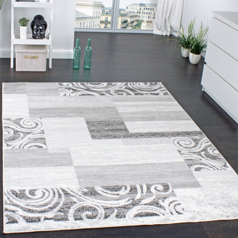 Teppich Modern GRAU Weiß Kurzflor mit Gestreift Wohnzimmer Teppiche 