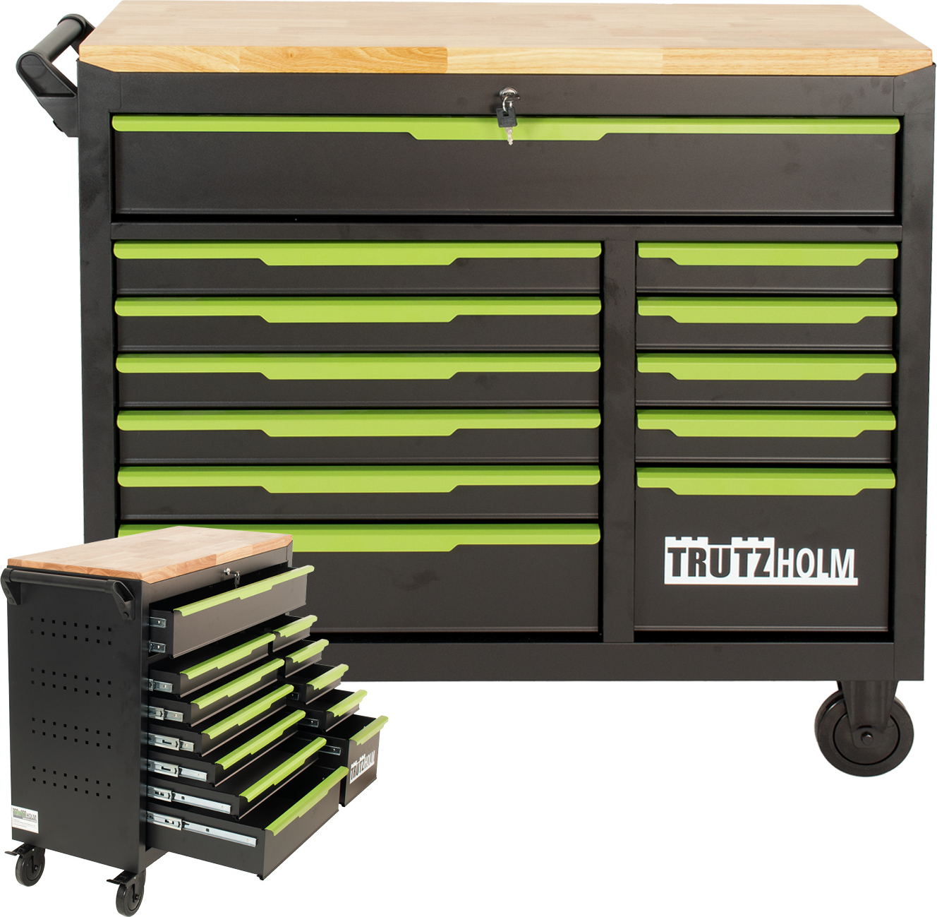 Werkstattwagen Star XL unbestückt 103 x 112 cm Stahl schwarz/grün 12 Schubladen Hartholzplatte