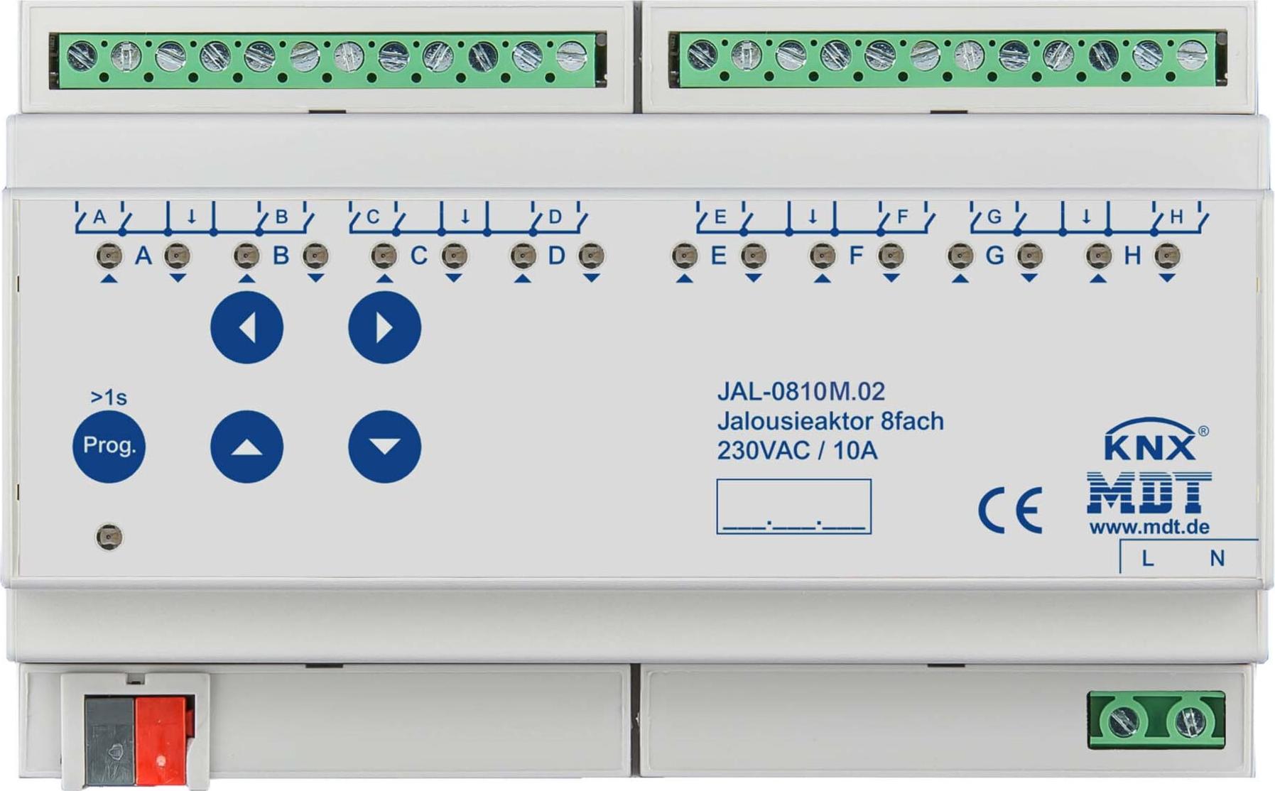 MDT KNX Jalousieaktor 8fach mit aut. Fahrzeitmessung REG, 1 Stk. JAL-0810M.02
