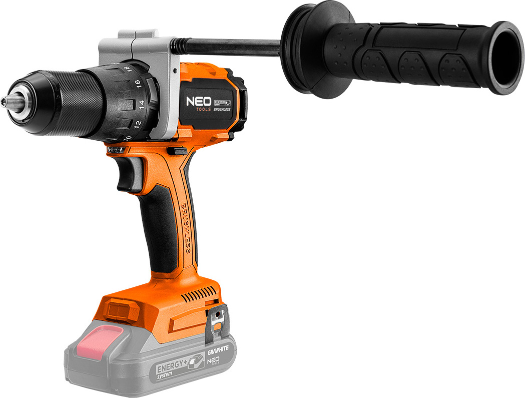 NEO TOOLS Akumulátorová príklepová vŕtačka s krútiacim momentom 100 Nm, systém Energy+, univerzálna na vŕtanie a skrutkovanie