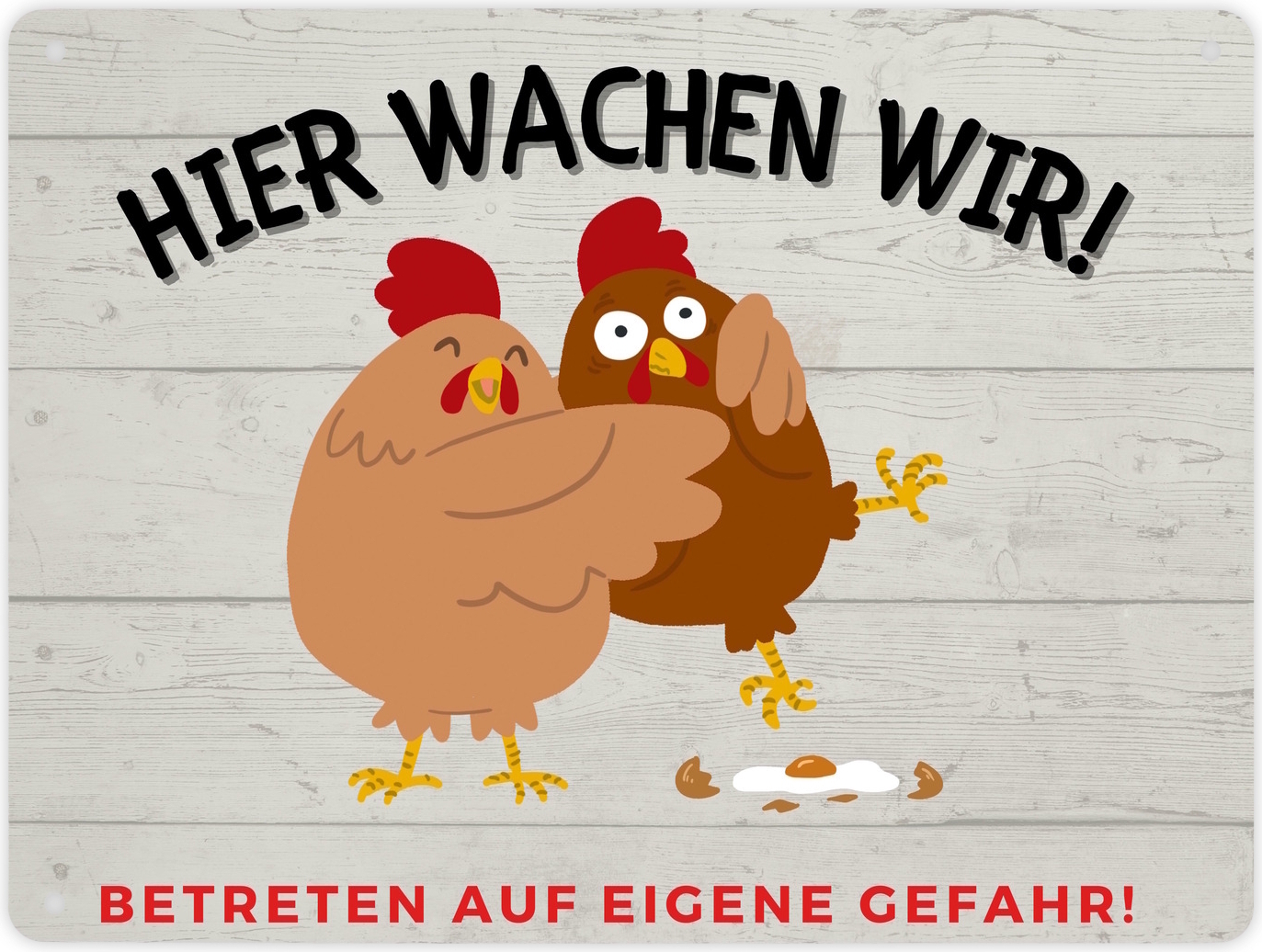 speecheese Hühner Metallschild XL in 21x28 cm mit Spruch Hier wachen wir Betreten auf