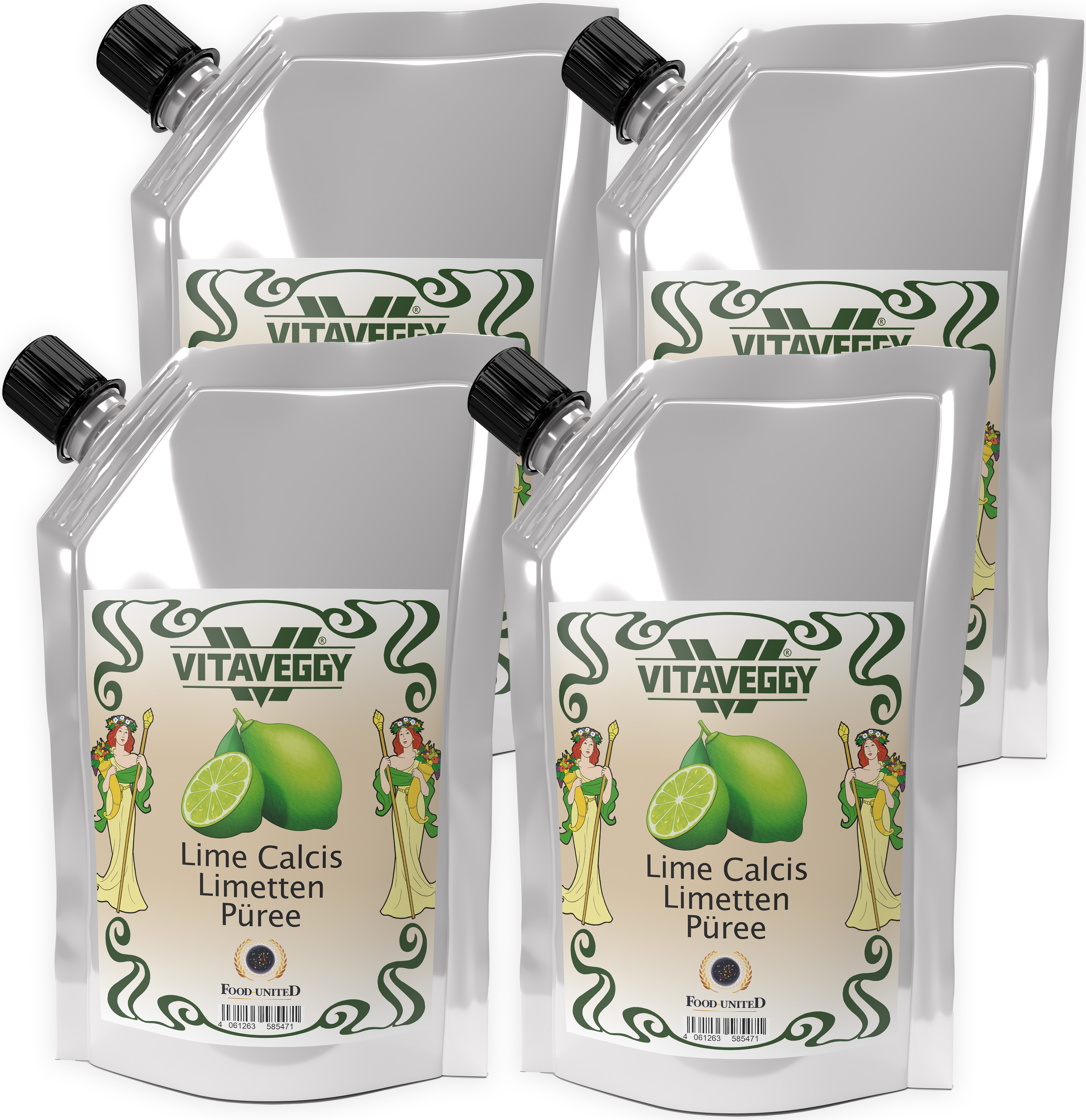 S.Mile GmbH VITAVEGGY Früchte-Püree LIMETTEN 4x1kg ohne Aroma- Farb- & Konservierungsmittel von Food-United, Limettenpüree für Obstbrei & Obsmus oder als Limettensaftkonzentrat Limette-Minz-Tee oder für Saft Cocktails Limetten-Smoothies Sorbets Kuchen Tarten,