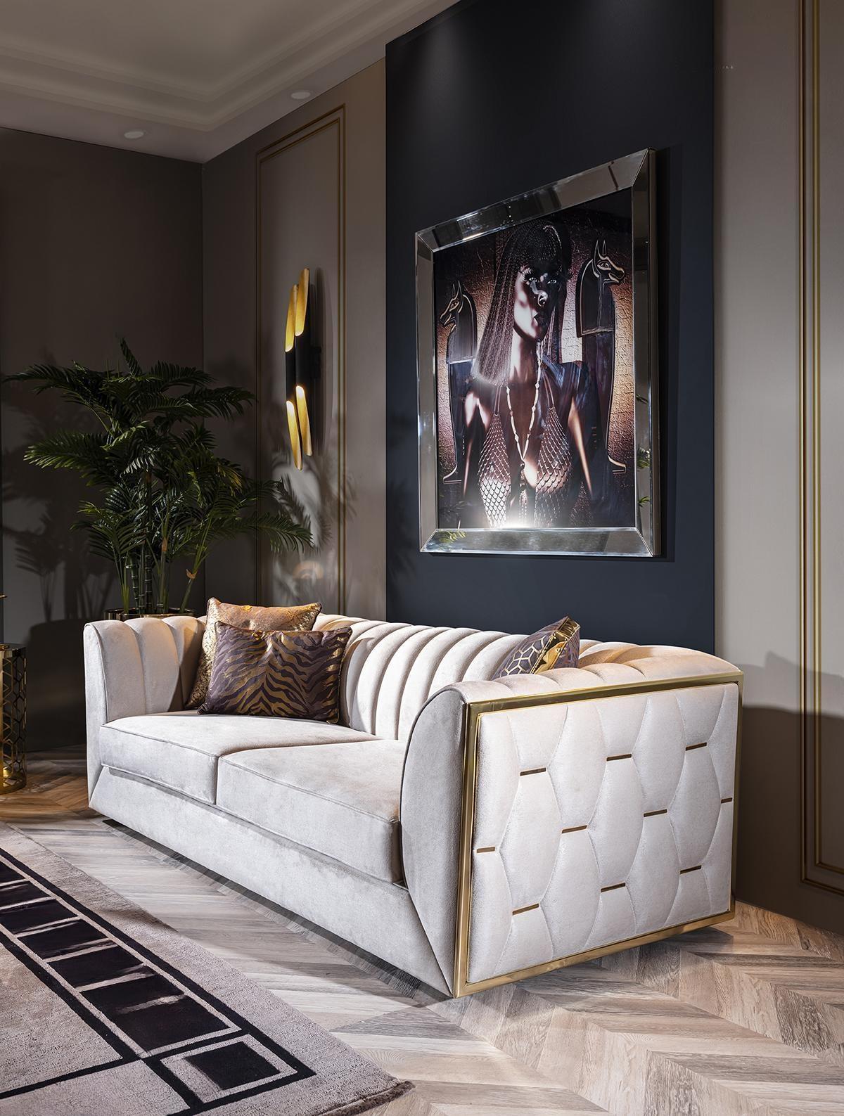 Weißer Edelstahl Dreisitzer Textilmöbel Wohnzimmer Couch Polstermöbel