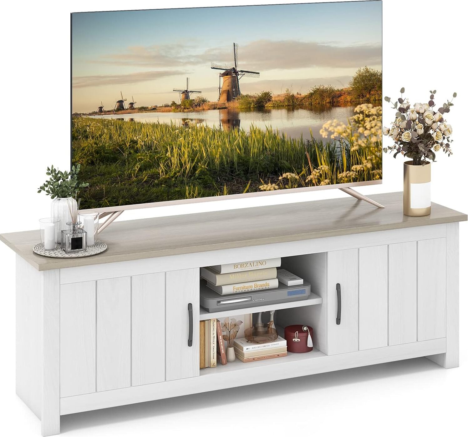 Dřevěná TV skříňka COSTWAY, TV stolek se skříňkami a