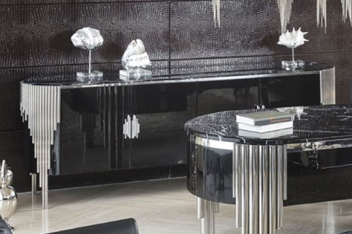 Demotex GmbH Casa Padrino Luxus Sideboard mit 4 Türen und Kunstmarmor Platte Schwarz / Silber 251,2 cm - Luxus Möbel