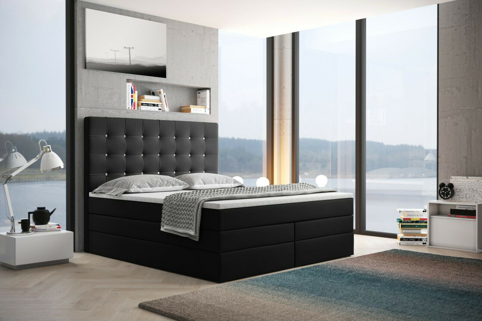 Skriňová posteľ Grekpol Amsterdam 90x200 cm s matracom Bonell a TFK H3 a topperom, čalúnená posteľ s podnožou, látka: Riviera 100