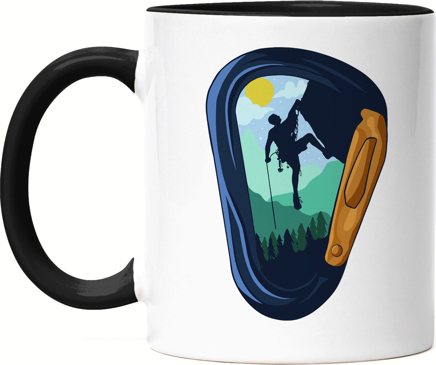 Hey!Print Klettern Tasse Schwarz Kletterer Berge Hügel Felsen Gipfel Höhe Sport Kletterschuhe Bouldern Steil Freizeit Hobbie HP-1832-T-Schwarz